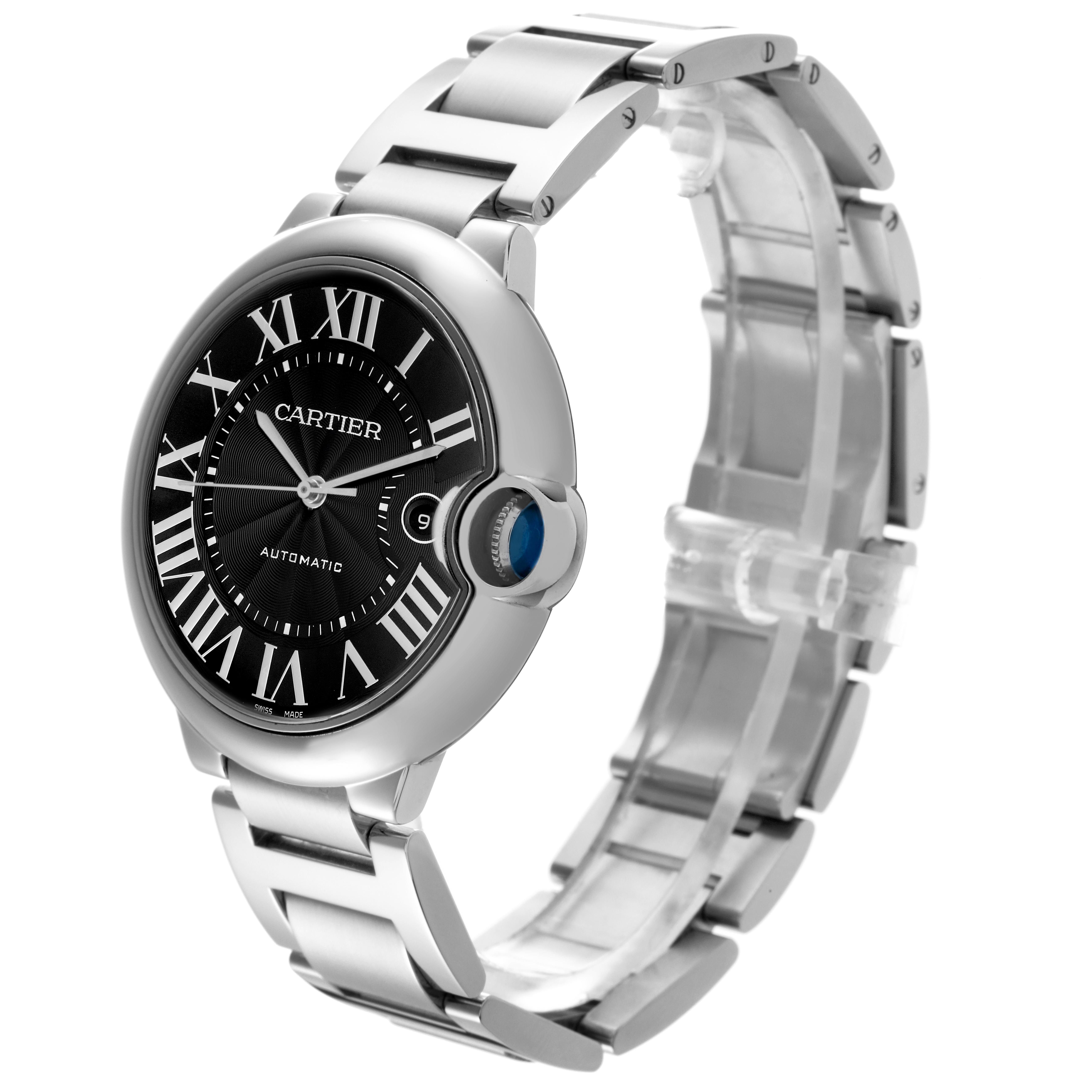 The Cartier Ballon Bleu W6920042 Men
s Stainless Steel Black Dial W6920042 Men
s Stainless Steel Black Dial watch is shown at a three-quarter angle, highlighting the face, crown, and bracelet.
