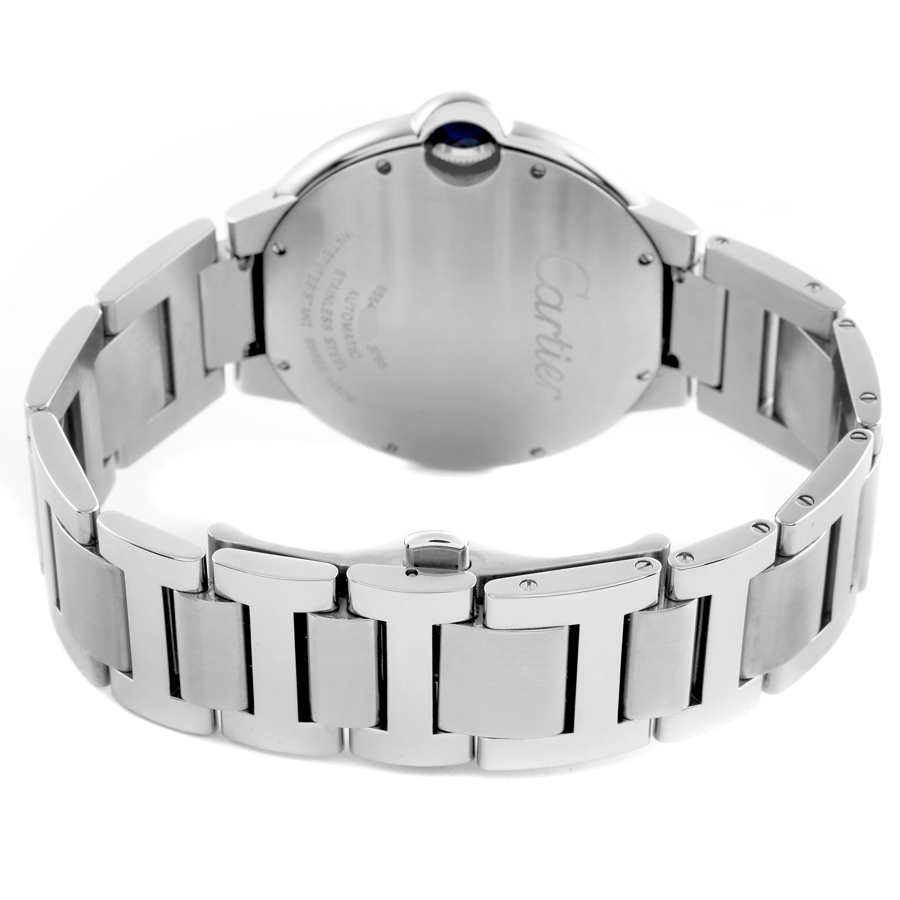 The Cartier Ballon Bleu W6920042 Men
s Stainless Steel Black Dial W6920042 Men
s Stainless Steel Black Dial watch is shown from the back, displaying the clasp, bracelet links, and case back details.