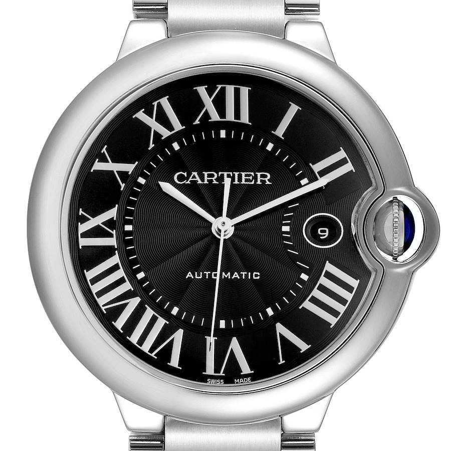 The Cartier Ballon Bleu watch is shown from a front angle, highlighting the dial, Roman numerals, and crown with a blue cabochon.