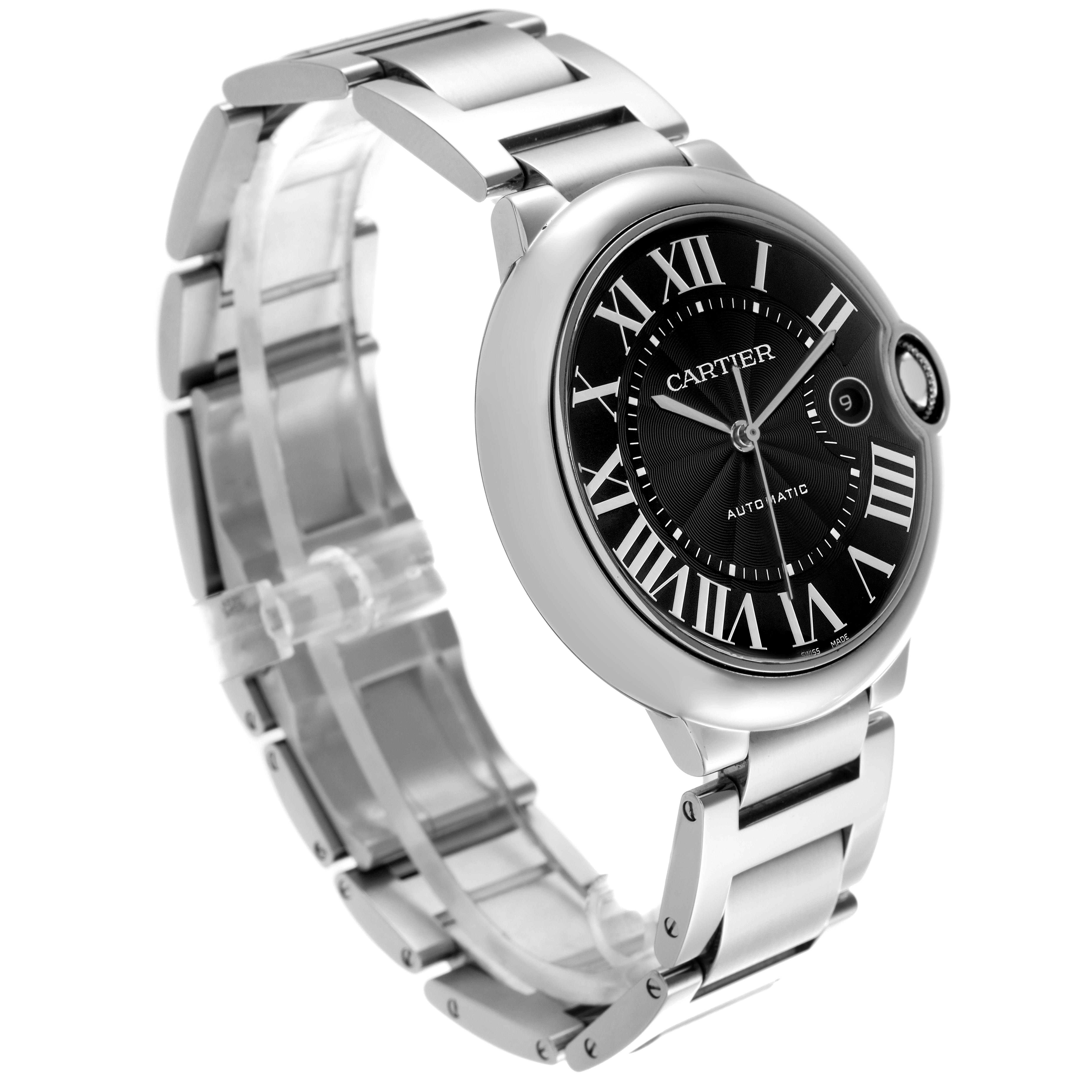 The Cartier Ballon Bleu W6920042 Men
s Stainless Steel Black Dial W6920042 Men
s Stainless Steel Black Dial watch is shown at a slight side angle, displaying the face, crown, and part of the bracelet.