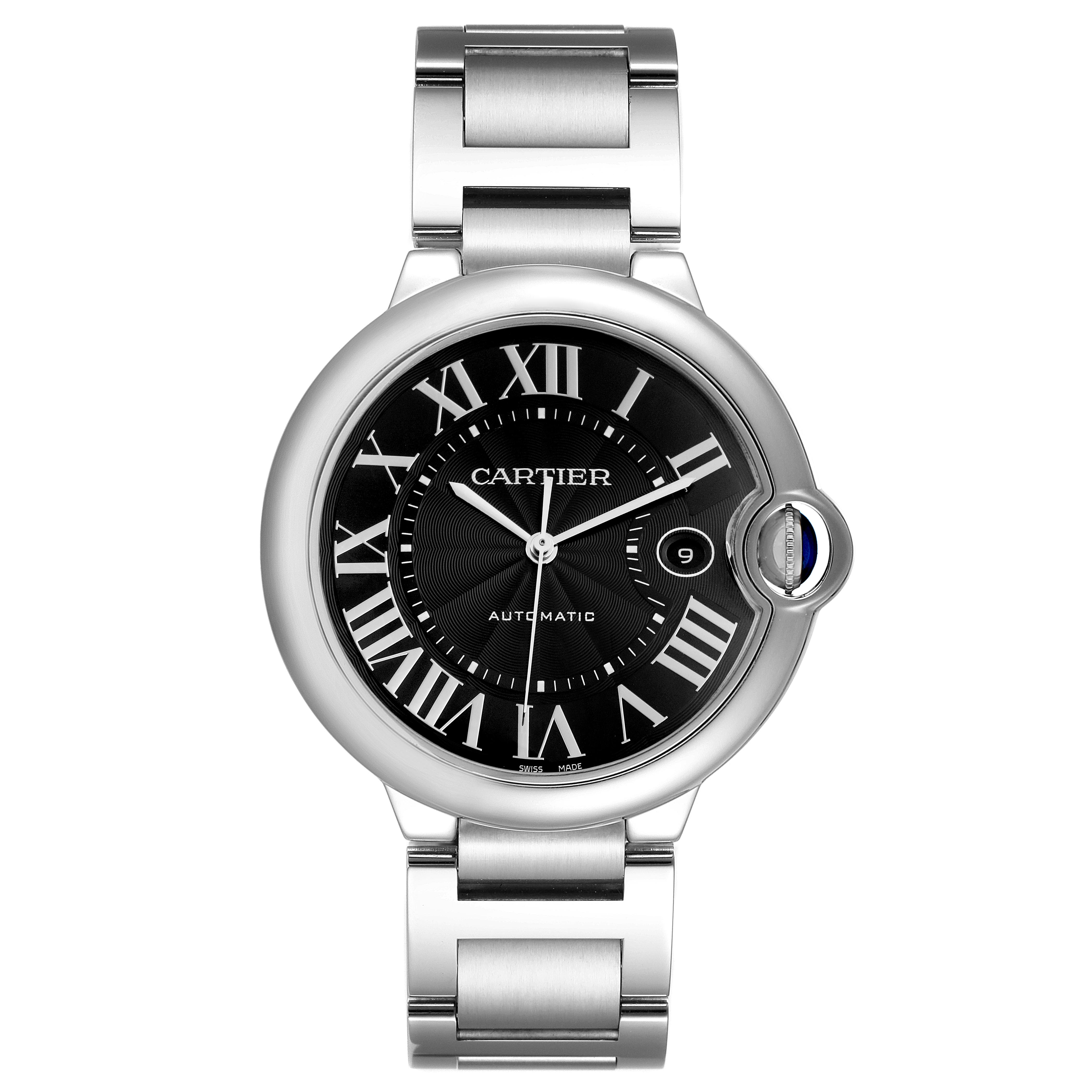 The Cartier Ballon Bleu W6920042 Men
s Stainless Steel Black Dial W6920042 Men
s Stainless Steel Black Dial watch is shown from a front angle, displaying the face, case, and part of the bracelet.