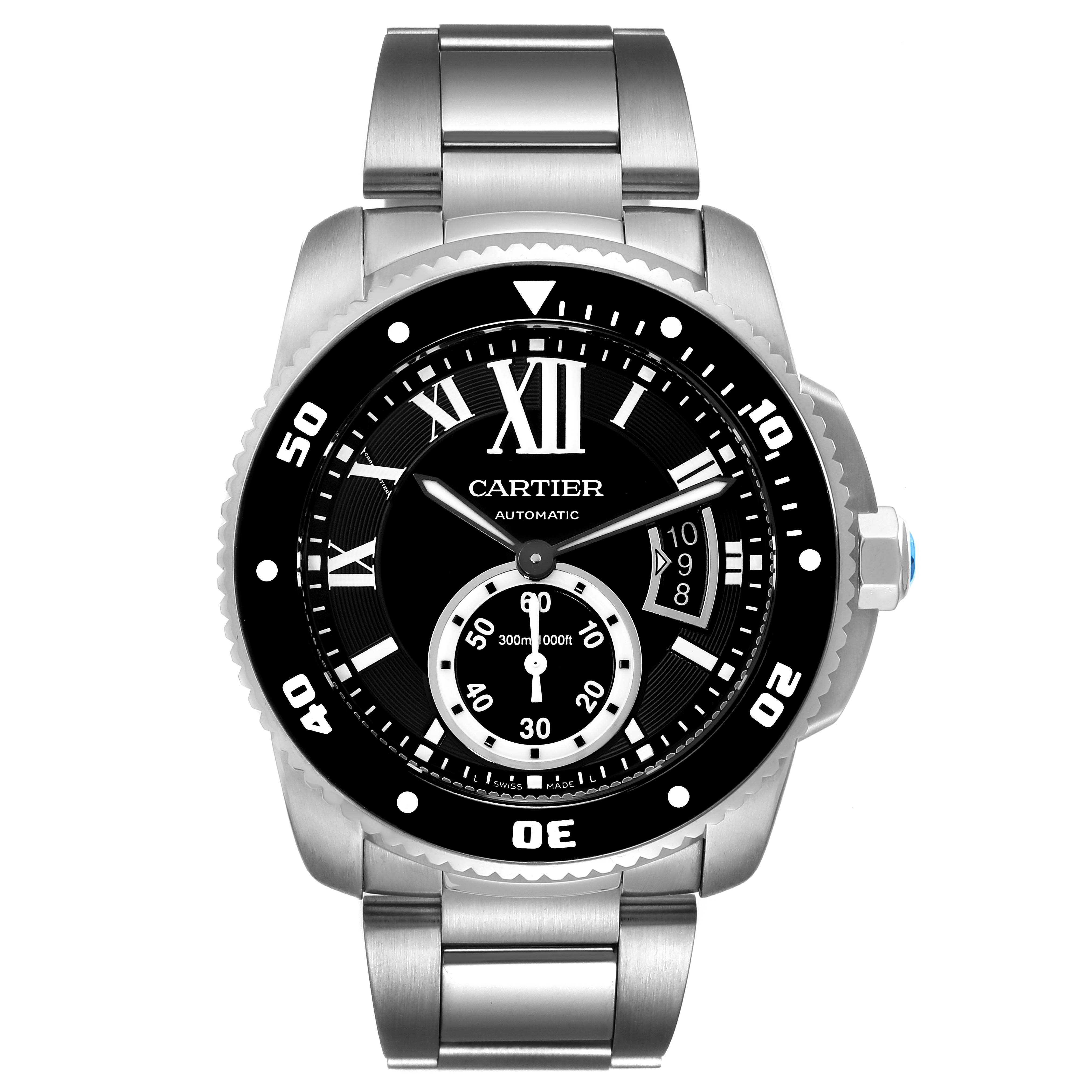 This image shows a frontal view of the Calibre de Cartier model watch by Cartier, displaying its dial, hands, bezel, and bracelet.