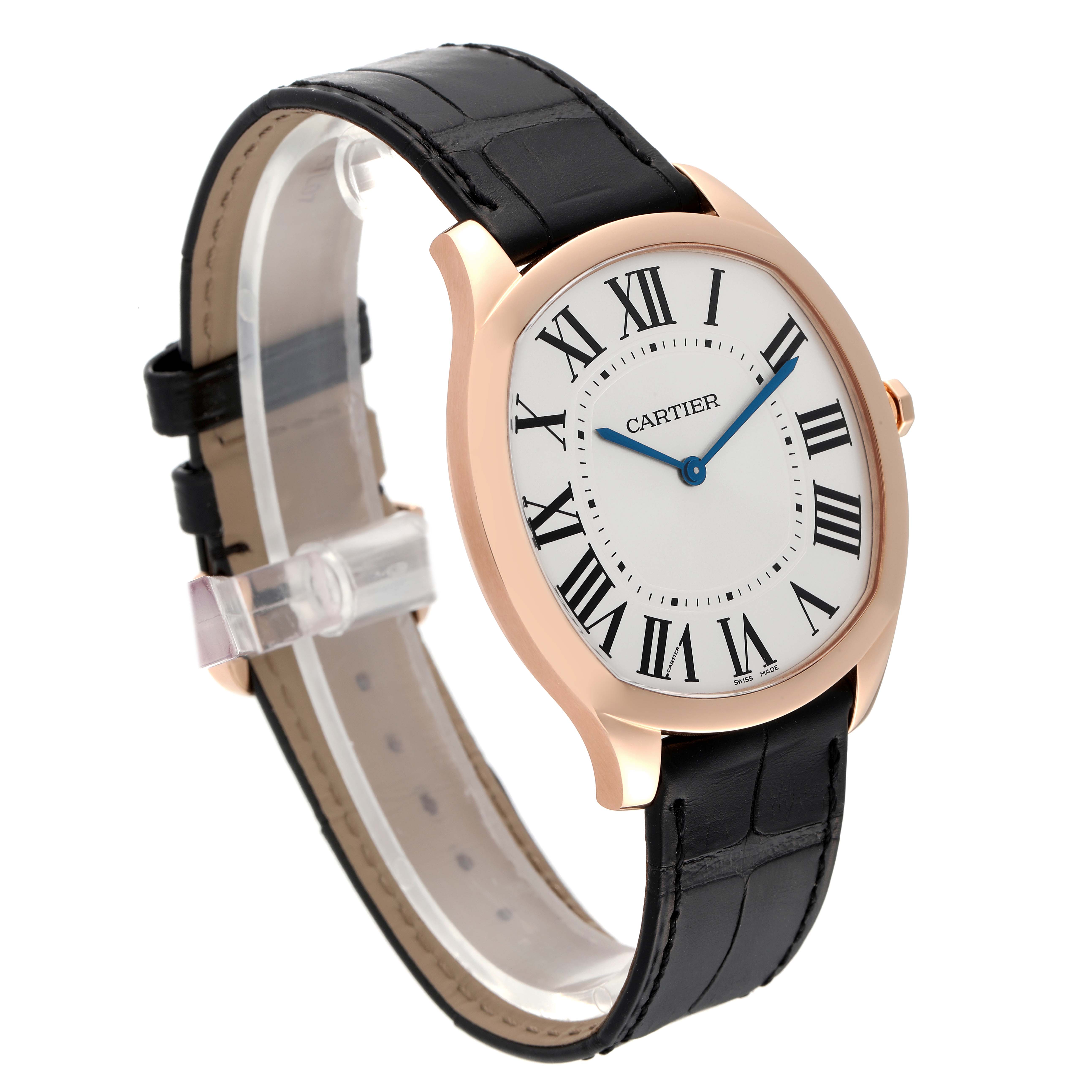The Drive de Cartier watch by Cartier is shown at a slight angle, displaying its white dial, Roman numerals, blue hands, and black leather strap.