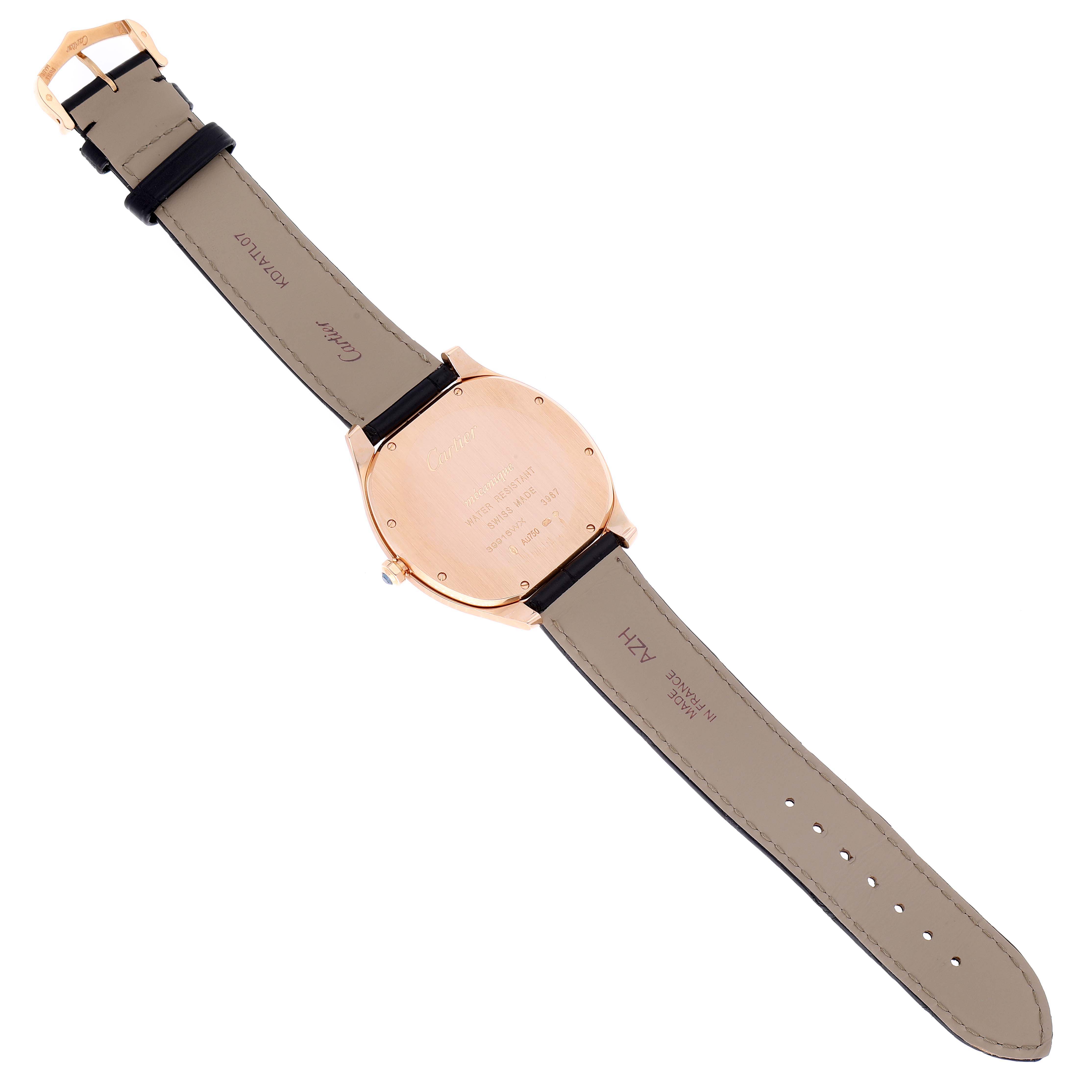 This image shows the back view of a Drive de Cartier watch by Cartier, highlighting the case back and leather strap.