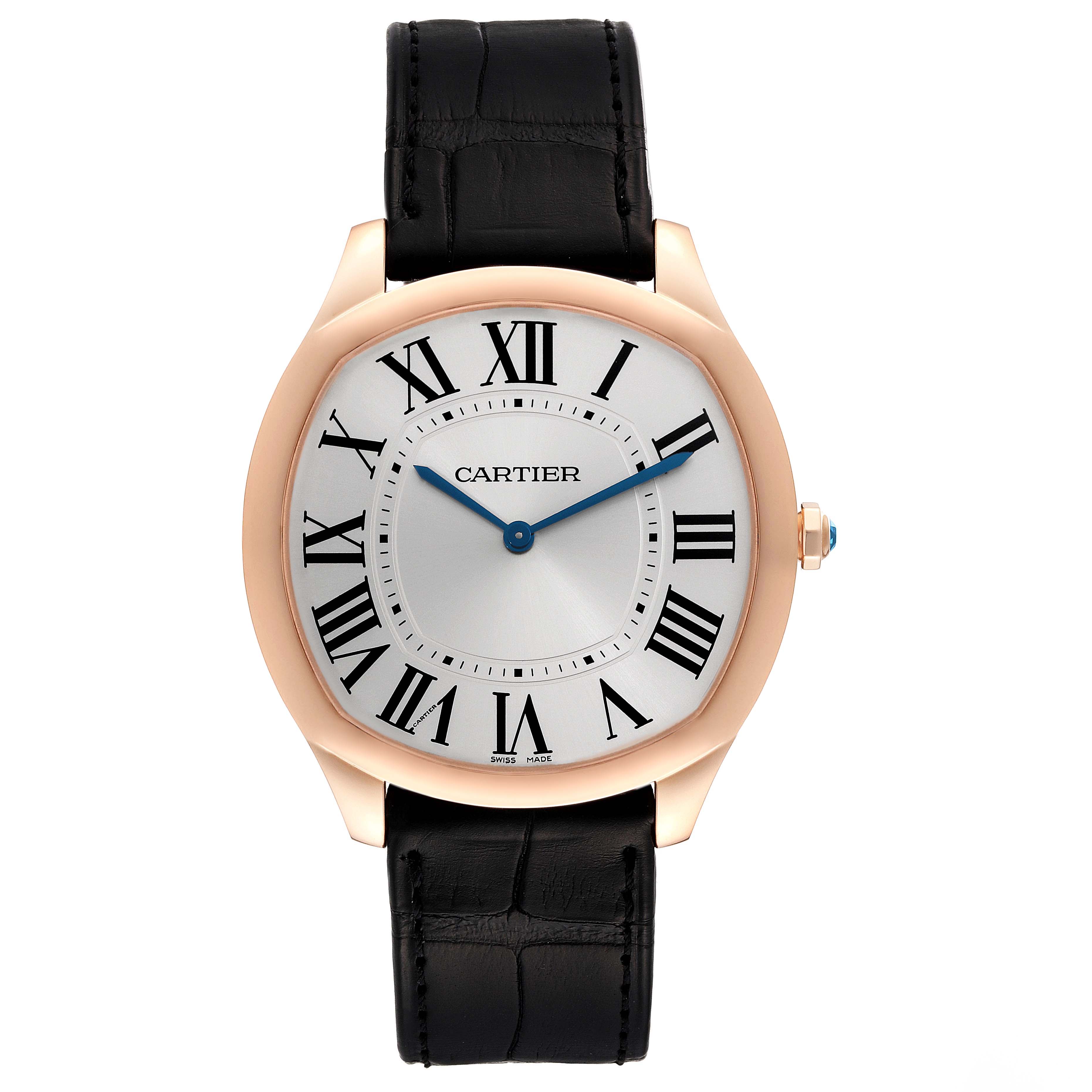 The image shows a front view of a Drive de Cartier watch by Cartier, featuring its face, Roman numerals, and black leather strap.