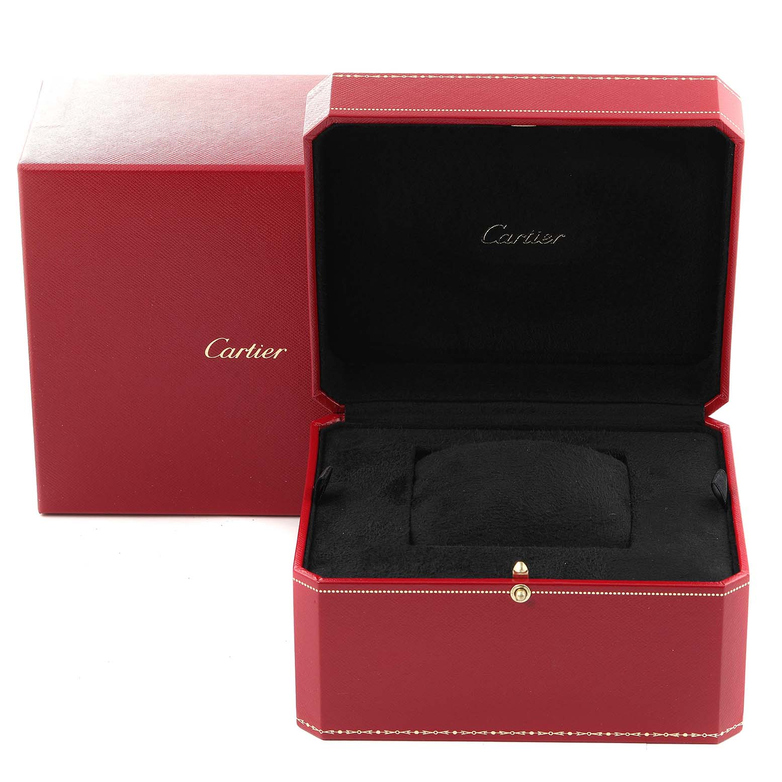 The image shows an open red box with Cartier branding for the Drive de Cartier model watch, revealing the black interior and cushion.