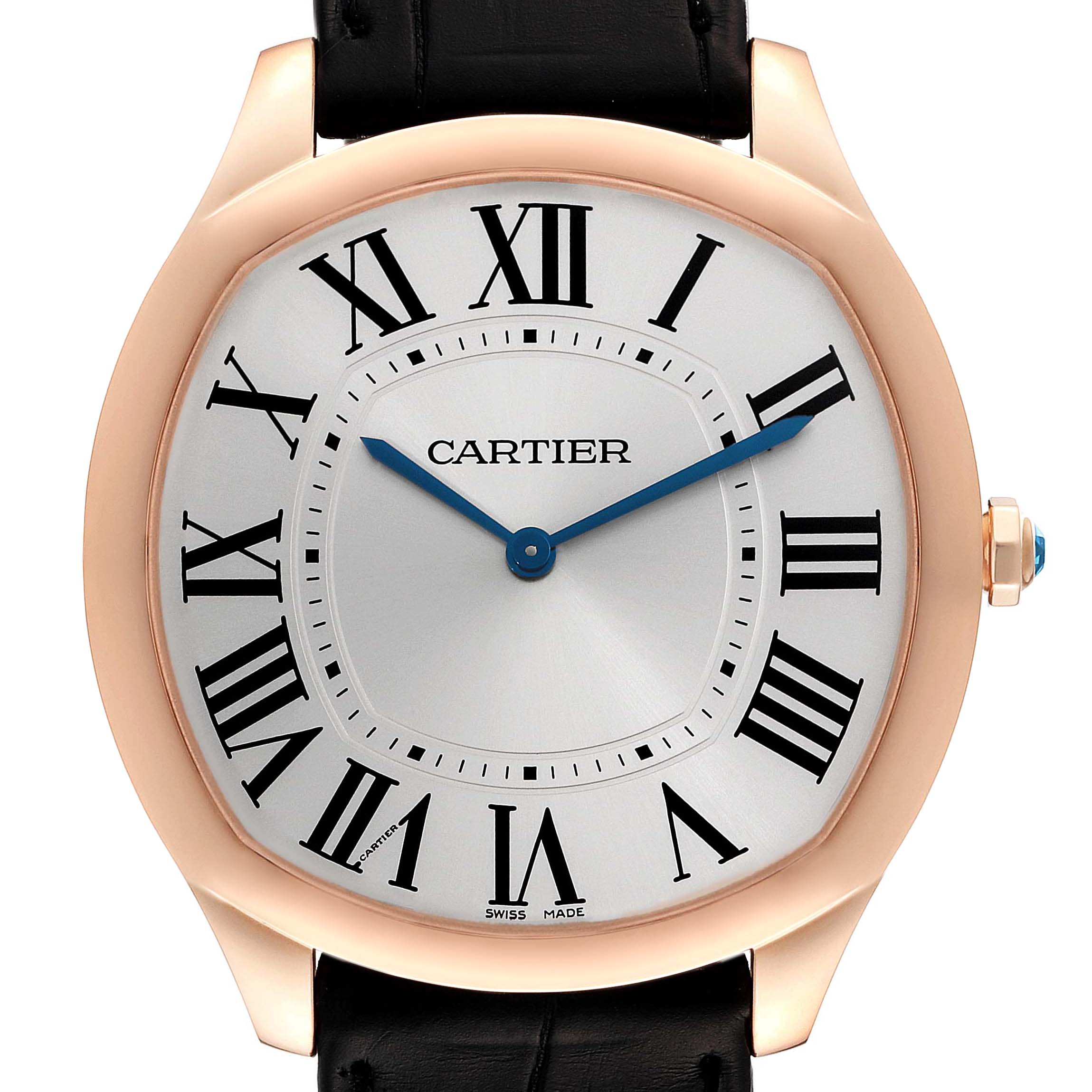 The image shows a frontal view of a Drive de Cartier watch by Cartier, highlighting its dial, Roman numerals, and blue hands.