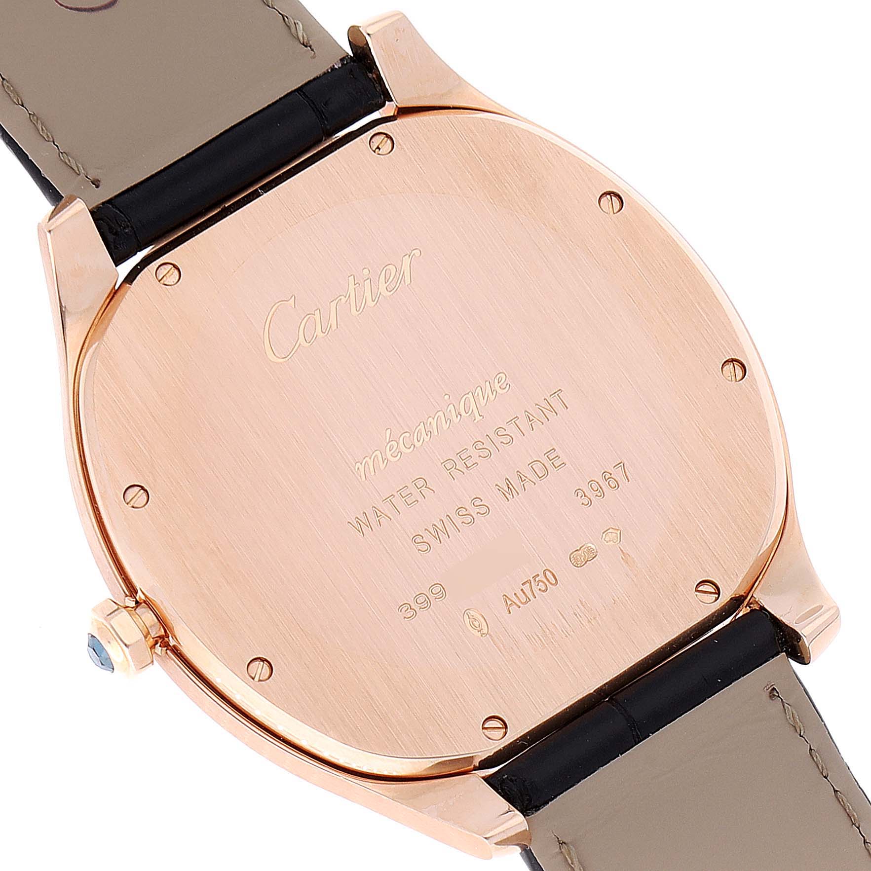 This image shows the back case and strap of a Drive de Cartier watch by Cartier at an oblique angle.
