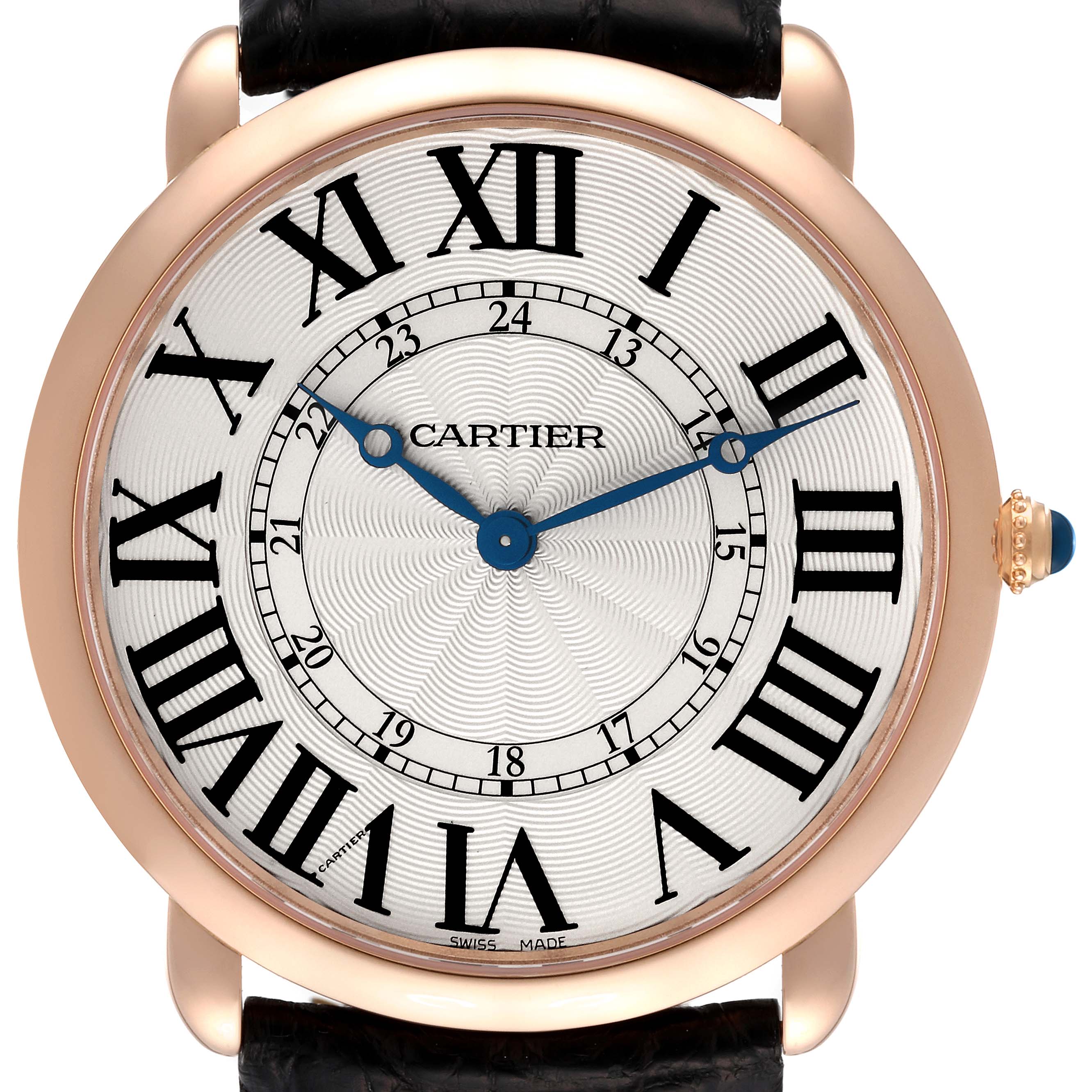The image shows a front view of a Cartier Ronde W6801004 Men
s Rose Gold Silver Dial W6801004 Men
s Rose Gold Silver Dial model watch, highlighting its dial, Roman numerals, and crown.