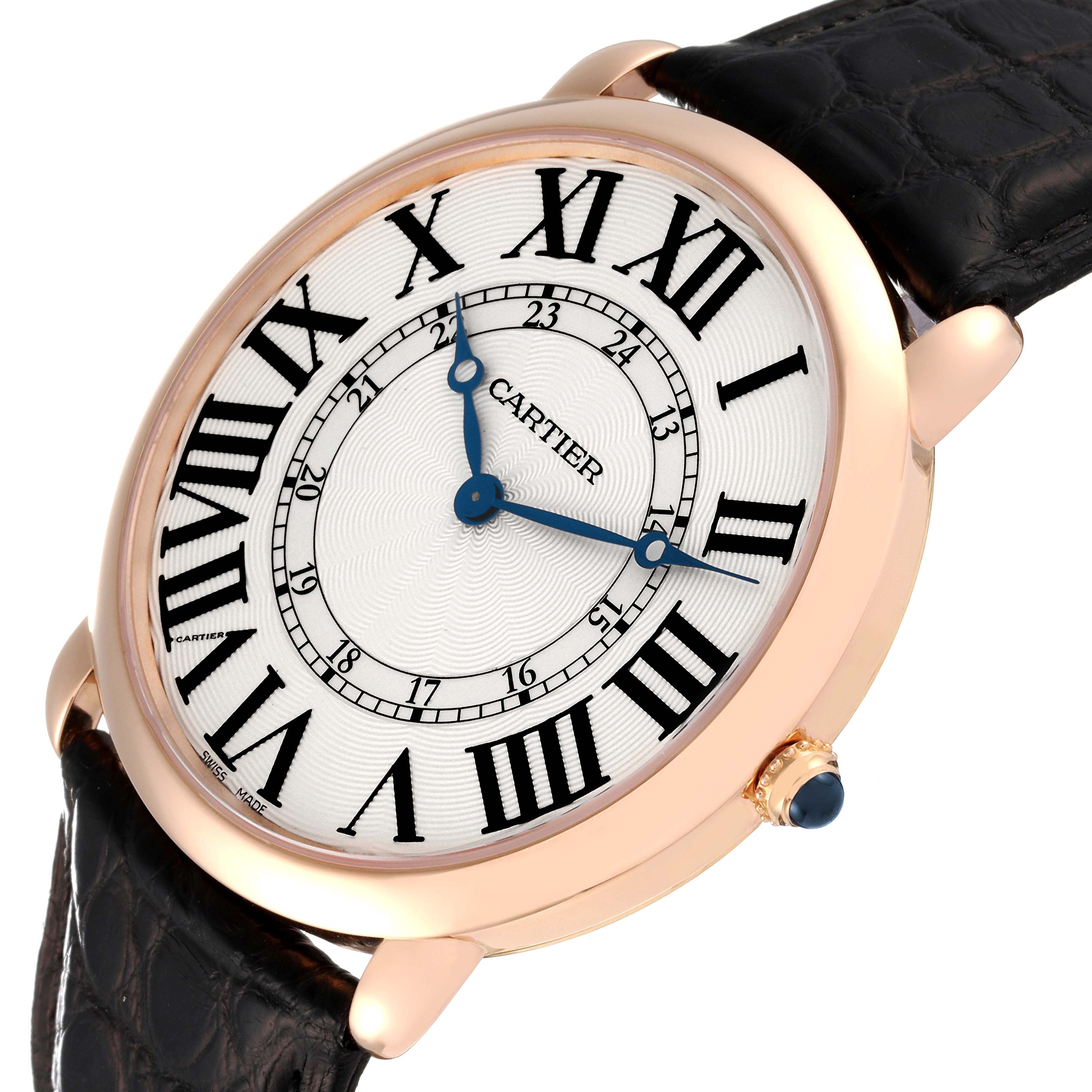 The Cartier Ronde W6801004 Men
s Rose Gold Silver Dial W6801004 Men
s Rose Gold Silver Dial model watch is shown at an angled close-up, displaying the dial, crown, and part of the leather strap.