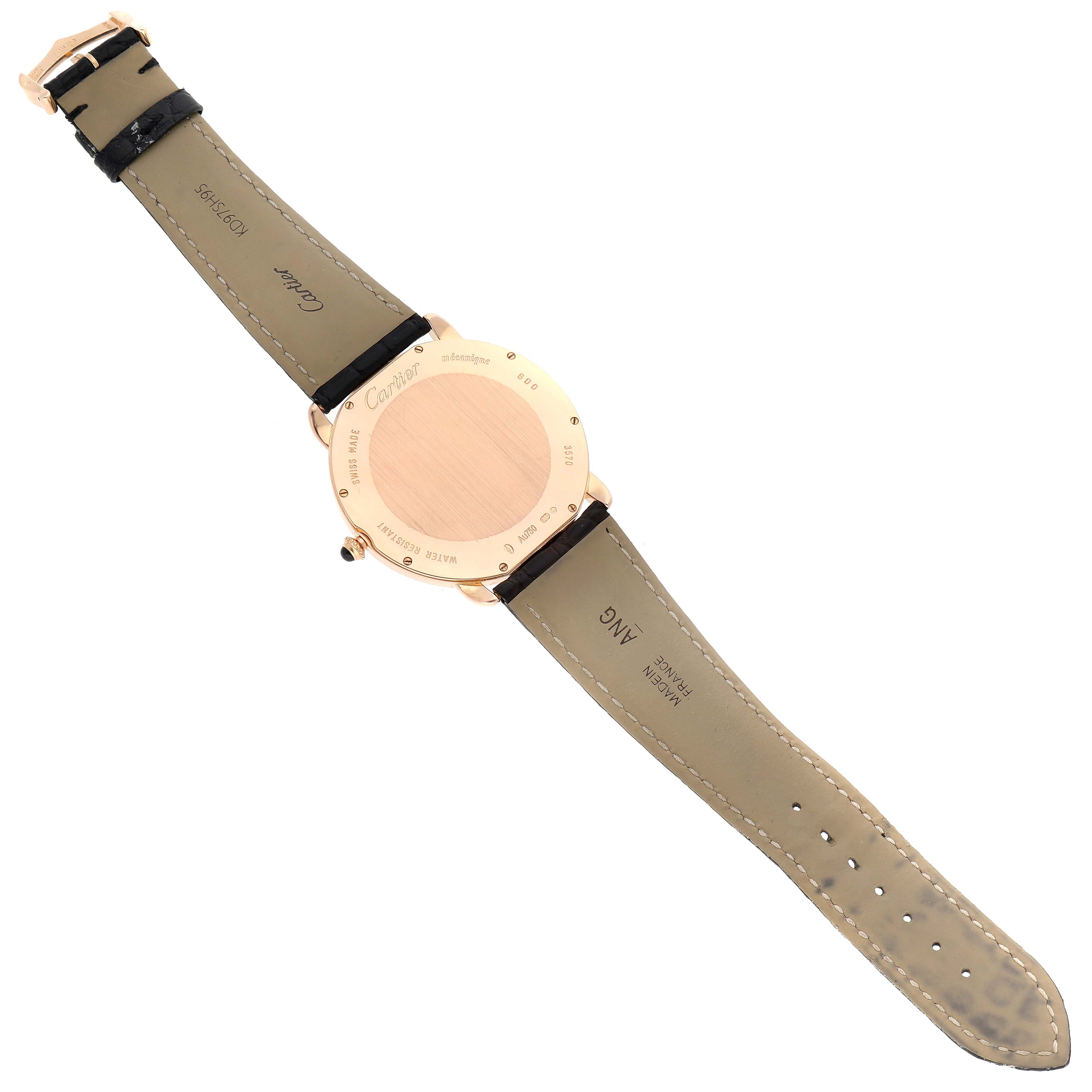 This image shows the back case and straps of the Cartier Ronde W6801004 Men
s Rose Gold Silver Dial W6801004 Men
s Rose Gold Silver Dial watch, viewed from a top-down angle.