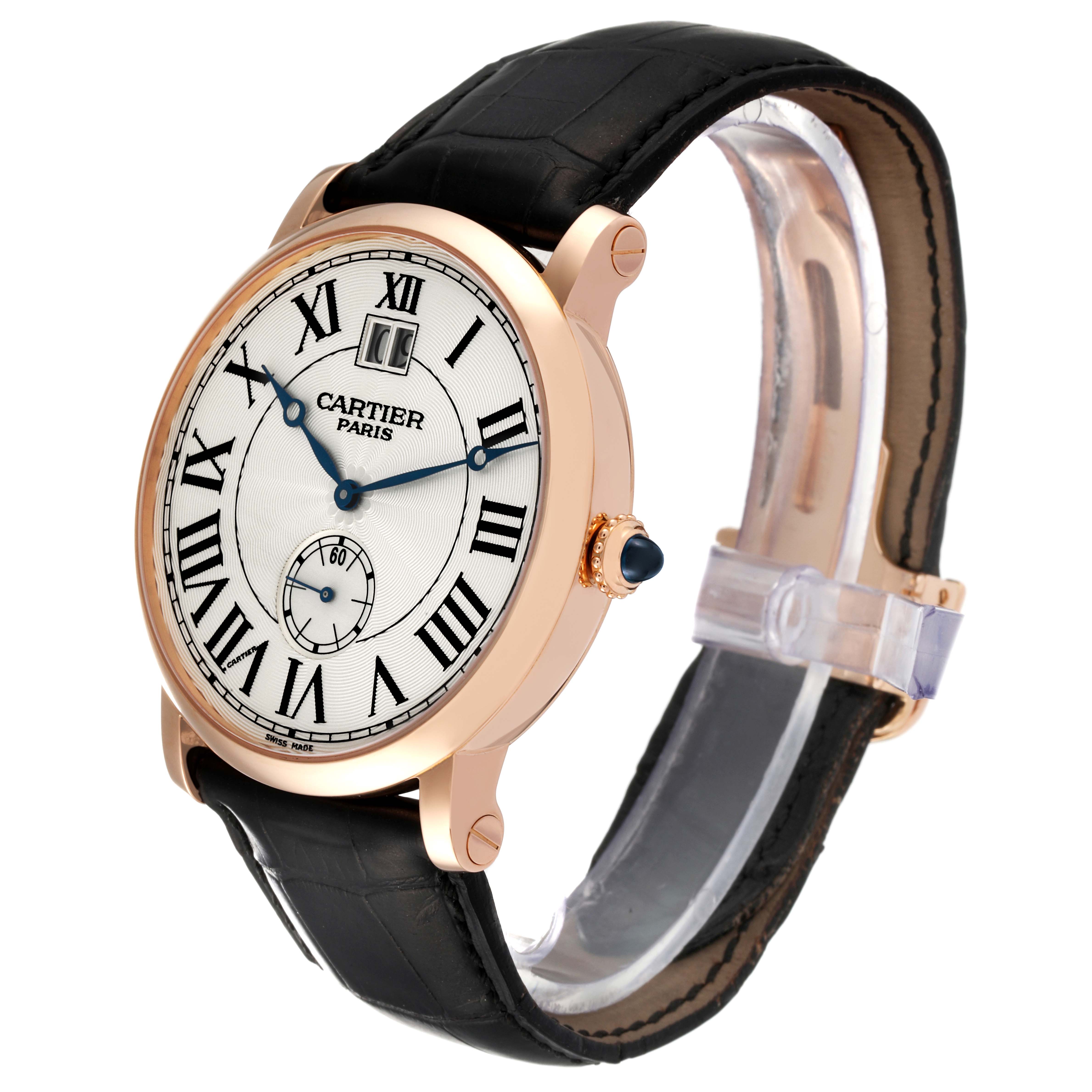 The image shows a Rotonde de Cartier watch from an angled view, highlighting its face, case, and black leather strap.