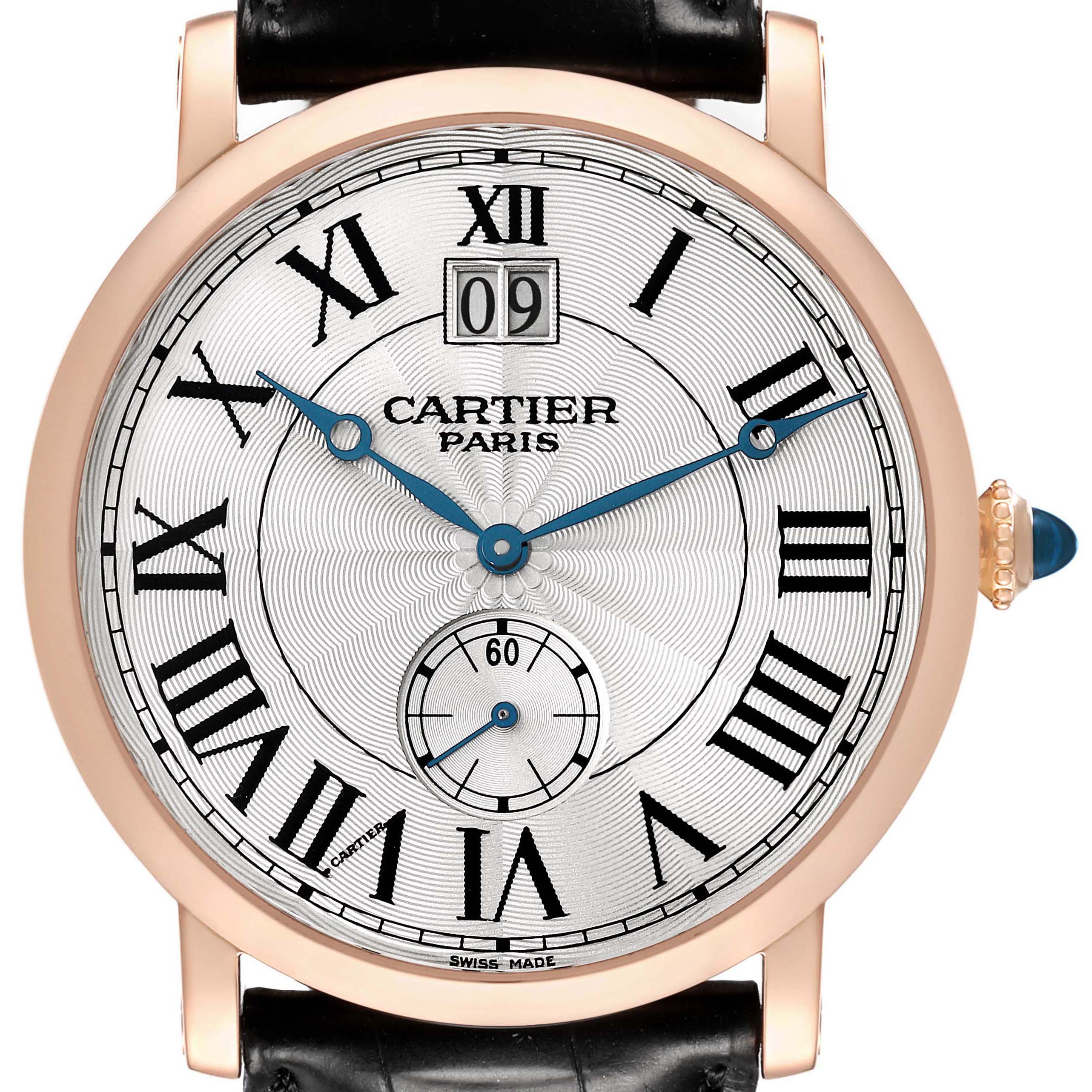 The Cartier Rotonde W1550251 Men's Rose Gold Silver Dial watch is shown from a frontal angle, highlighting the dial, Roman numerals, hands, subdial, and crown.