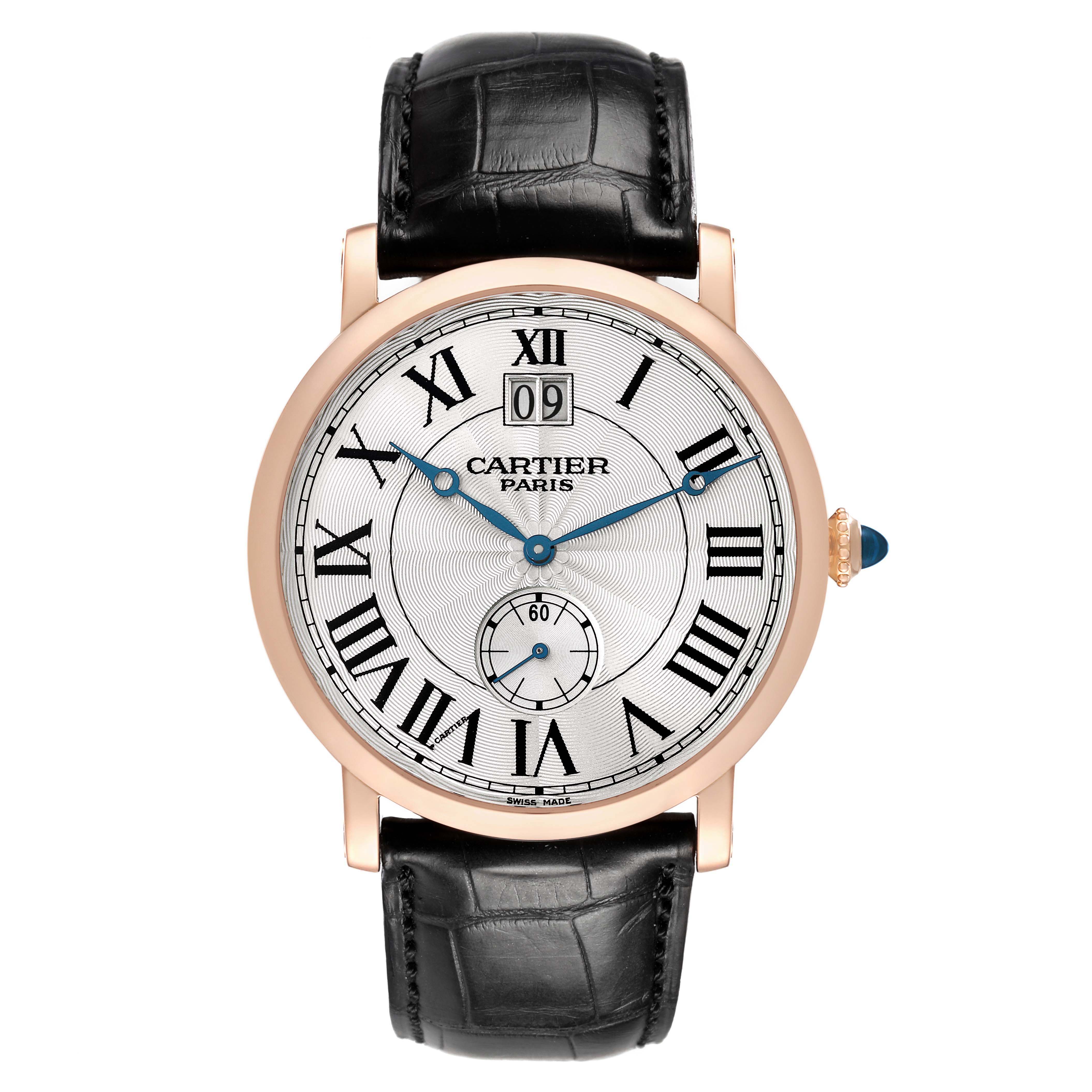 The Cartier Rotonde W1550251 Men's Rose Gold Silver Dial watch is shown from a front angle, displaying its round dial, Roman numerals, and black leather strap.