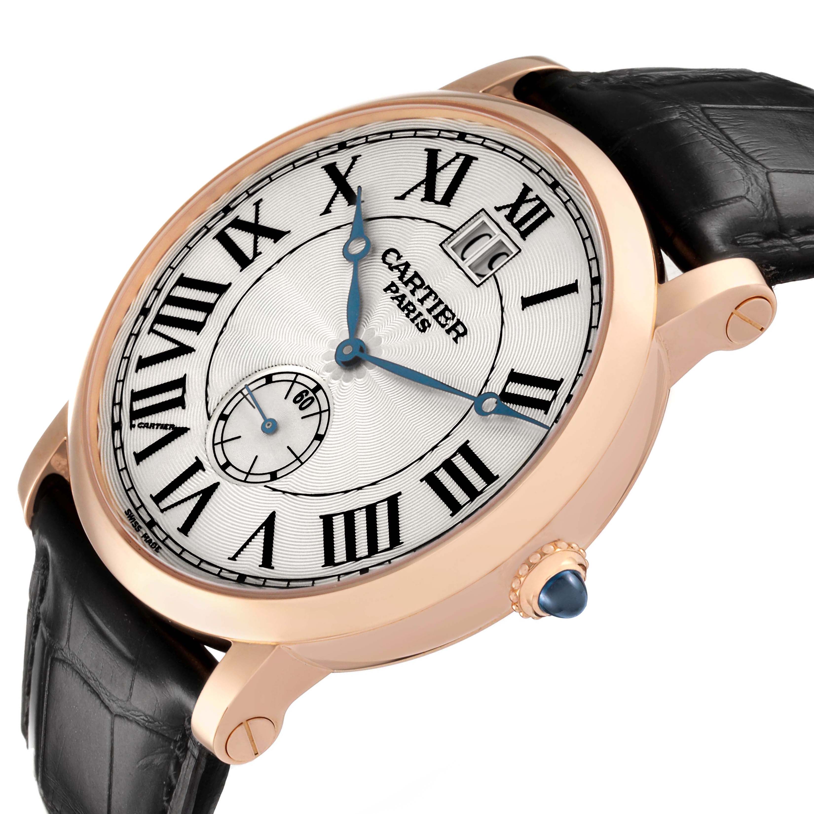The Cartier Rotonde W1550251 Men's Rose Gold Silver Dial watch is shown at an angled side view, displaying the dial, crown, and part of the strap.
