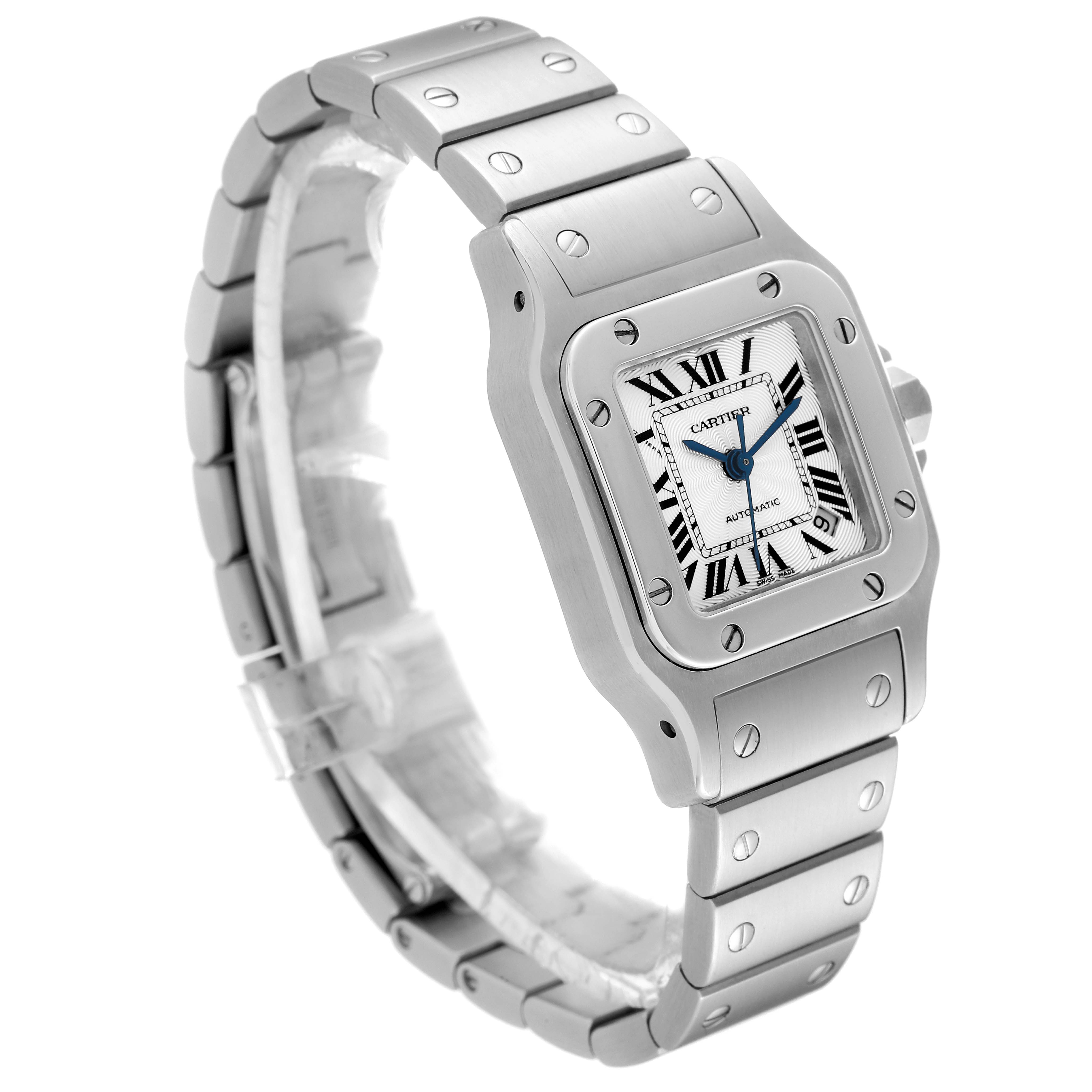 This image shows a Cartier Santos W20044D6 Women's Stainless Steel Silver Dial W20044D6 Women's Stainless Steel Silver Dial watch from a diagonal angle, highlighting its face, bezel with screws, and metal bracelet.