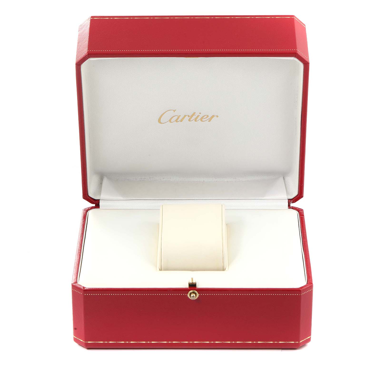 The image shows an opened red Cartier box for the Santos model watch, revealing an empty cushioned interior.