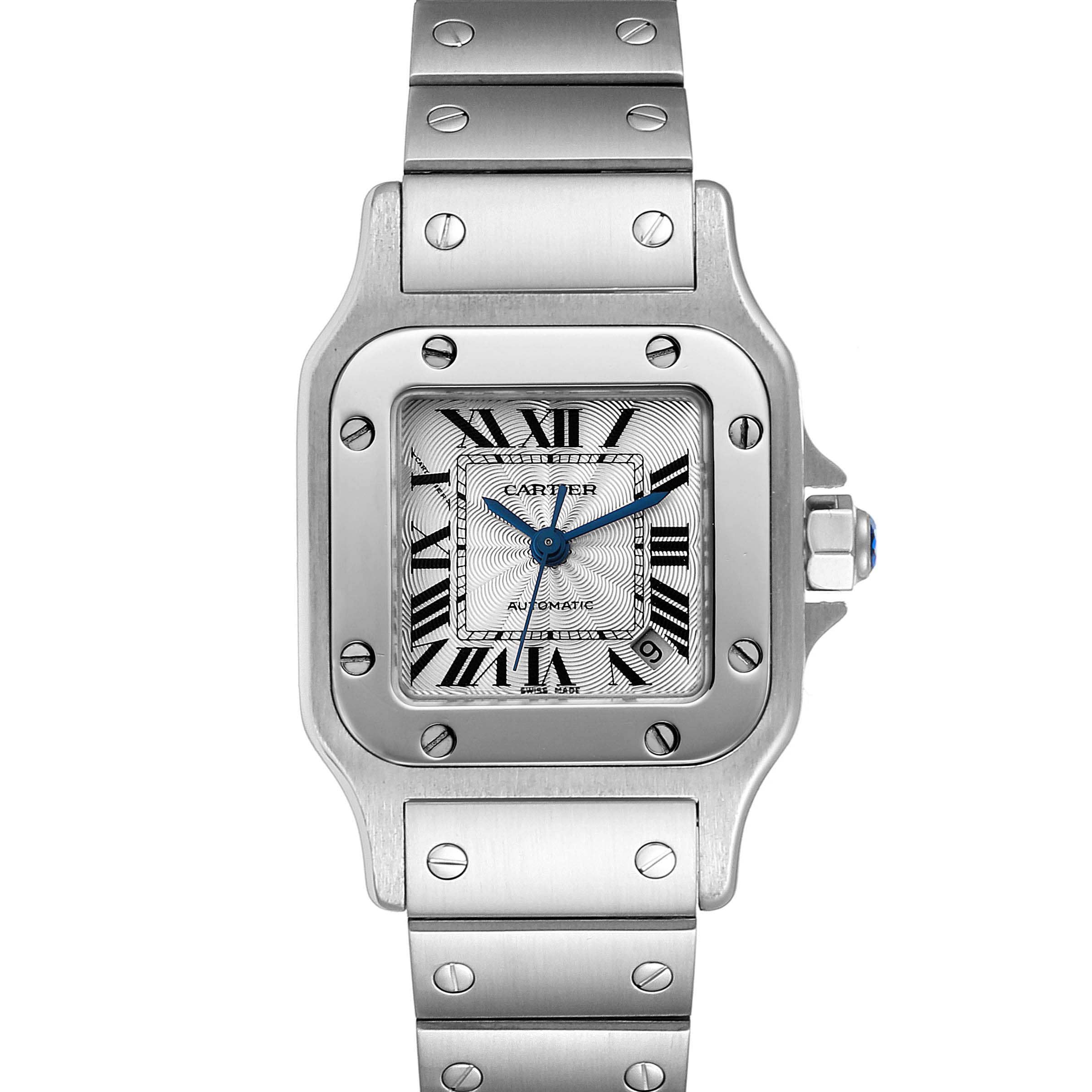 This image shows the front view of the Santos by Cartier watch, highlighting the face, bezel, and bracelet.