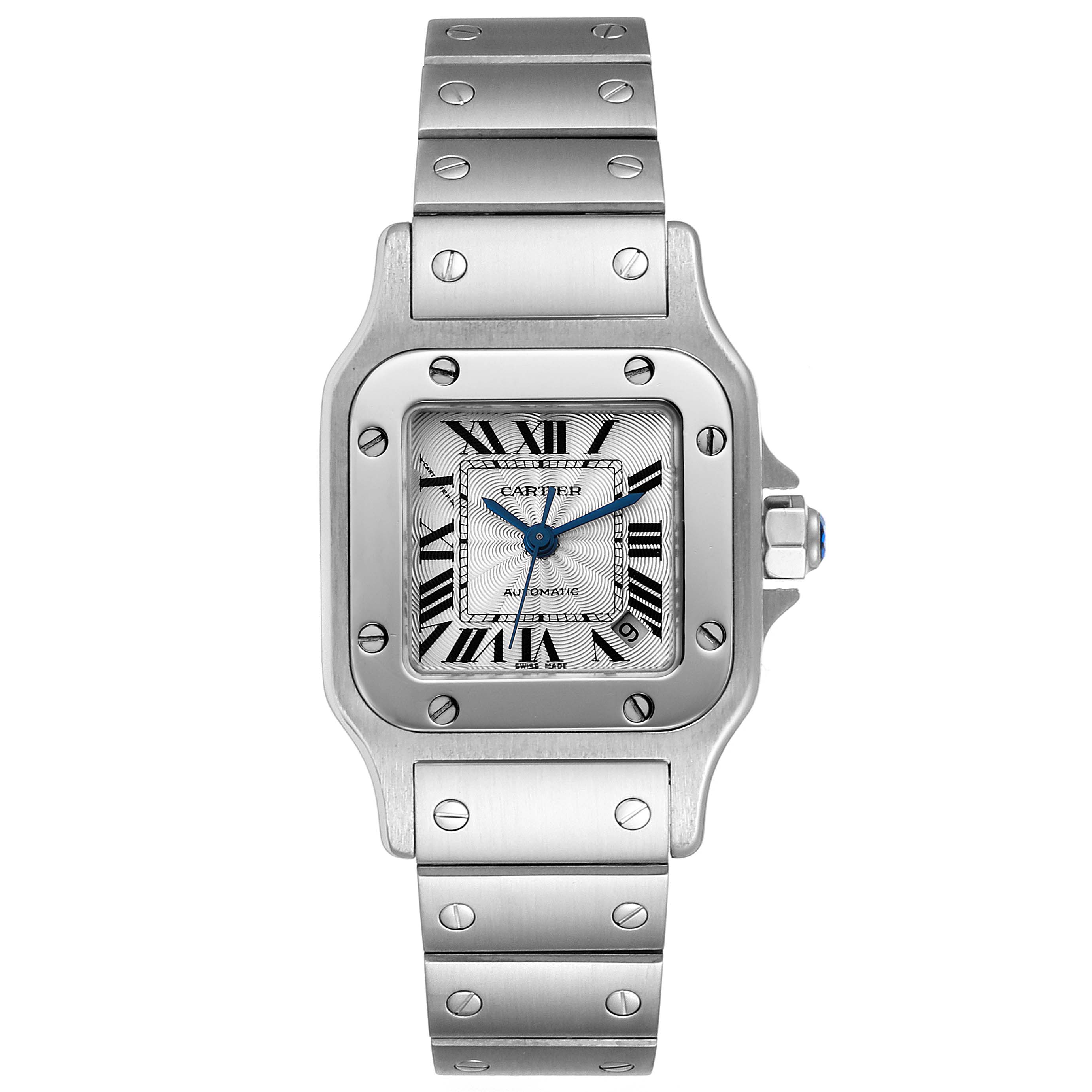 The image shows a front view of the Santos model by Cartier, showcasing its dial, bezel, and bracelet.