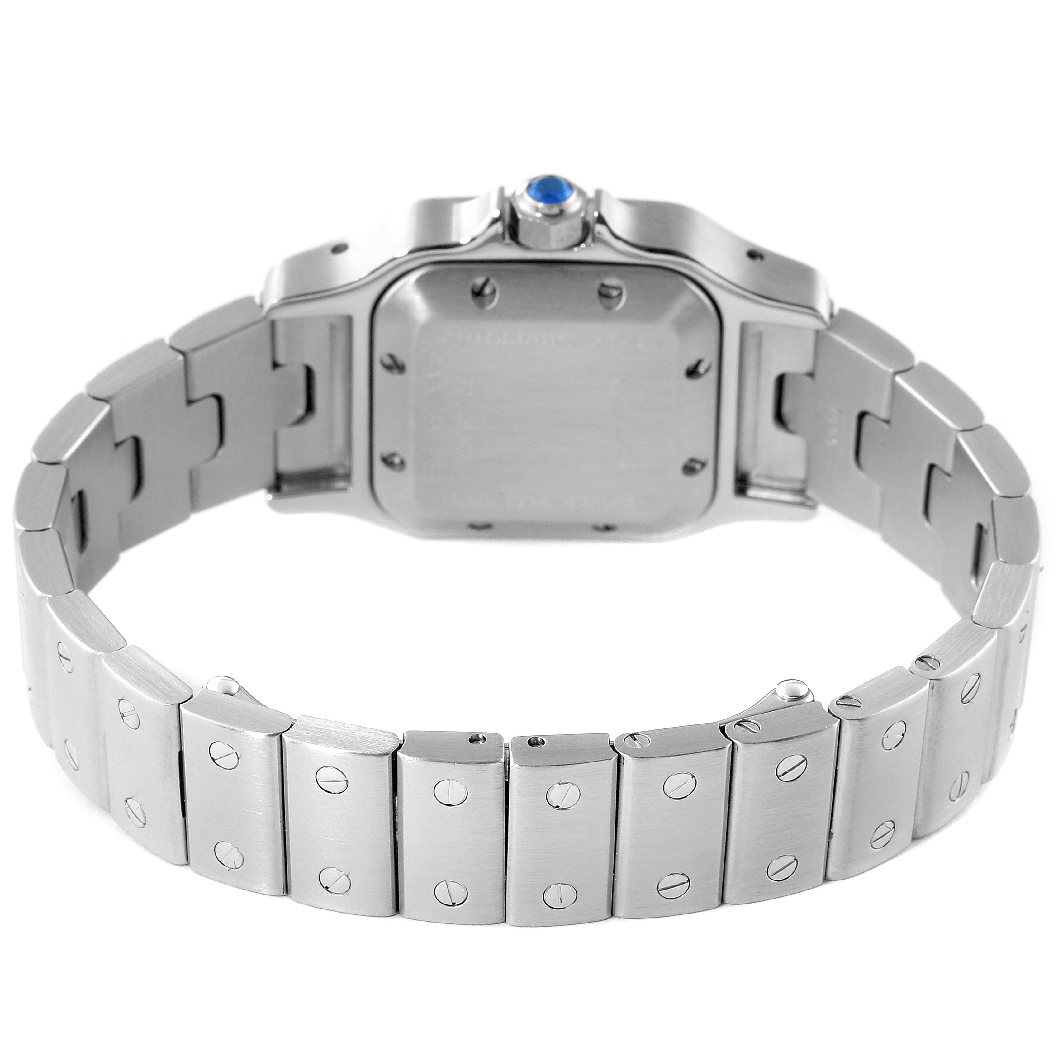 The image shows the back case and metal bracelet of a Cartier Santos W20044D6 Women's Stainless Steel Silver Dial W20044D6 Women's Stainless Steel Silver Dial watch, viewed from the rear angle.