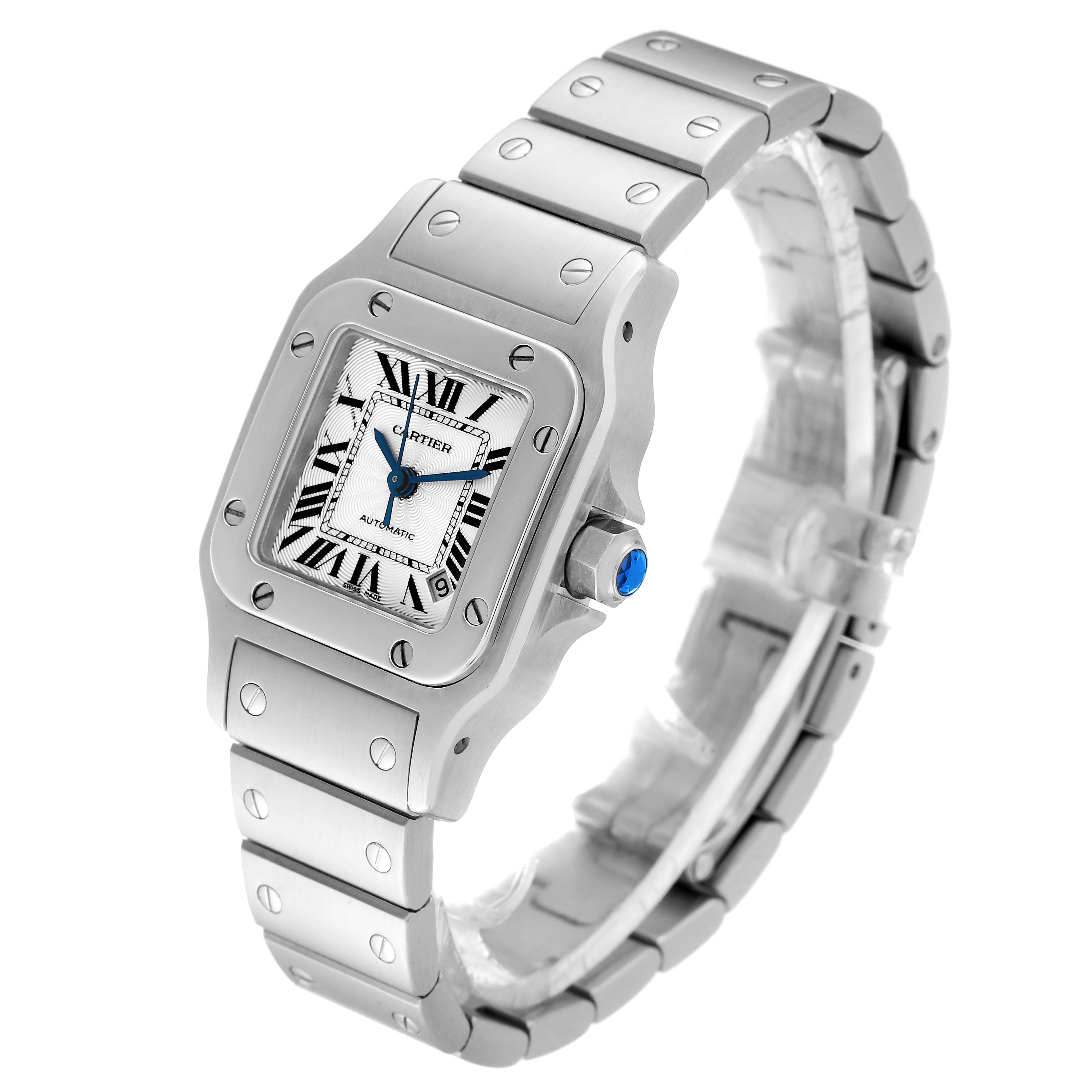 The image shows a Cartier Santos W20044D6 Women's Stainless Steel Silver Dial W20044D6 Women's Stainless Steel Silver Dial watch at a three-quarter angle, highlighting the face, bezel, and band.