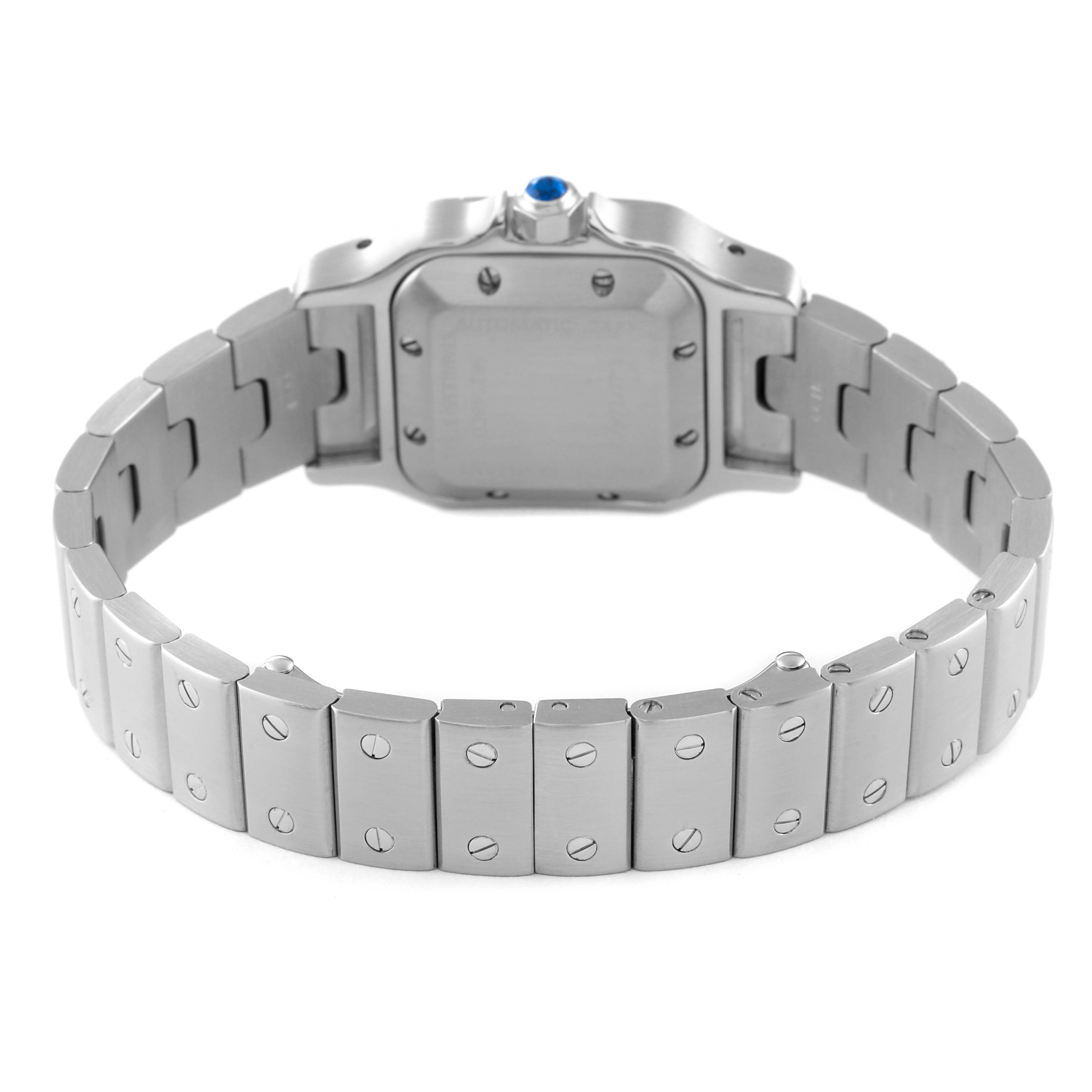 The image shows the rear view of a Cartier Santos W20044D6 Women's Stainless Steel Silver Dial W20044D6 Women's Stainless Steel Silver Dial watch, focusing on the stainless steel bracelet and case back.