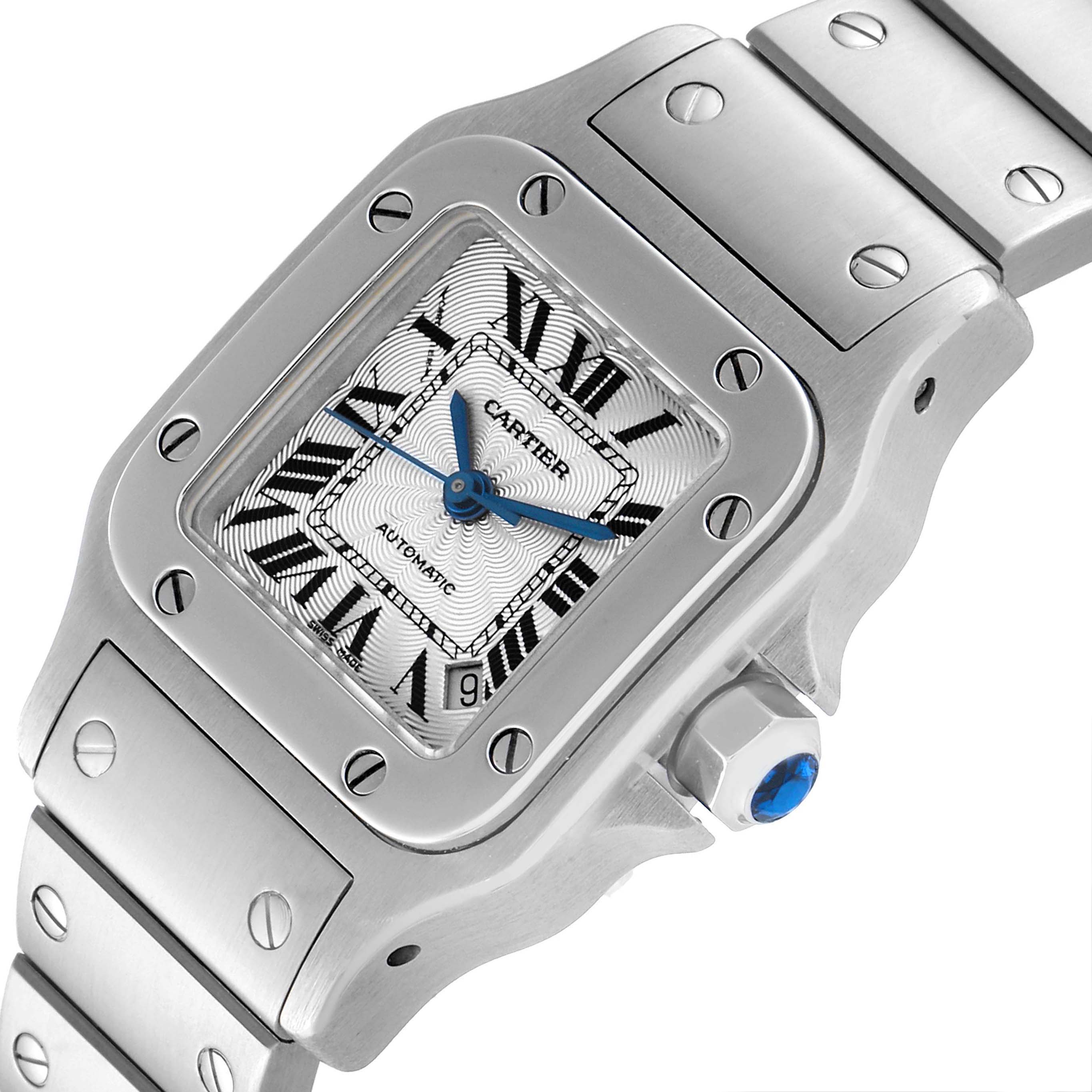 The image shows a close-up, angled view of a Cartier Santos W20044D6 Women's Stainless Steel Silver Dial W20044D6 Women's Stainless Steel Silver Dial watch, highlighting the dial, case, and part of the bracelet.