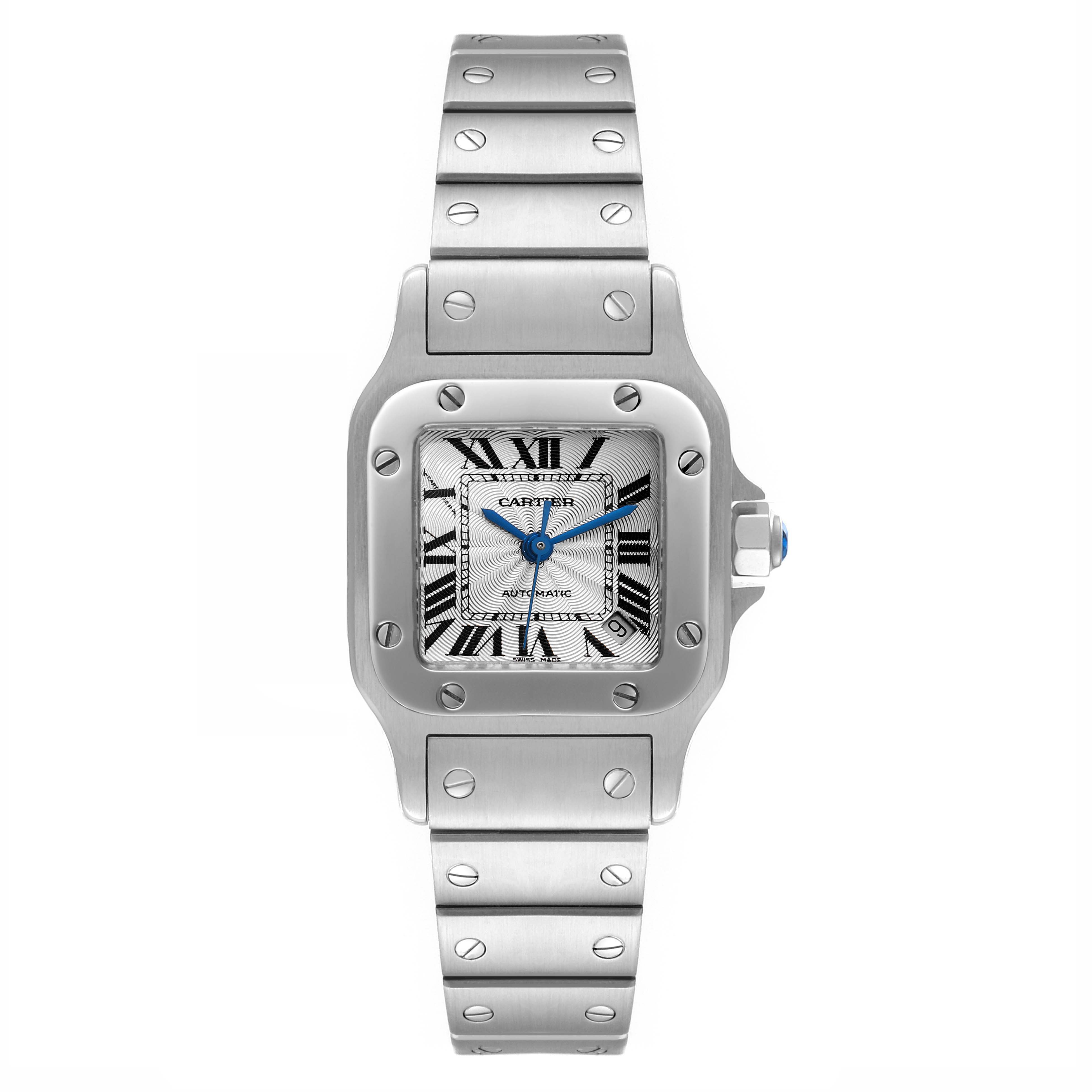 The image shows a front view of the Santos model by Cartier, featuring the face, bezel, and bracelet.