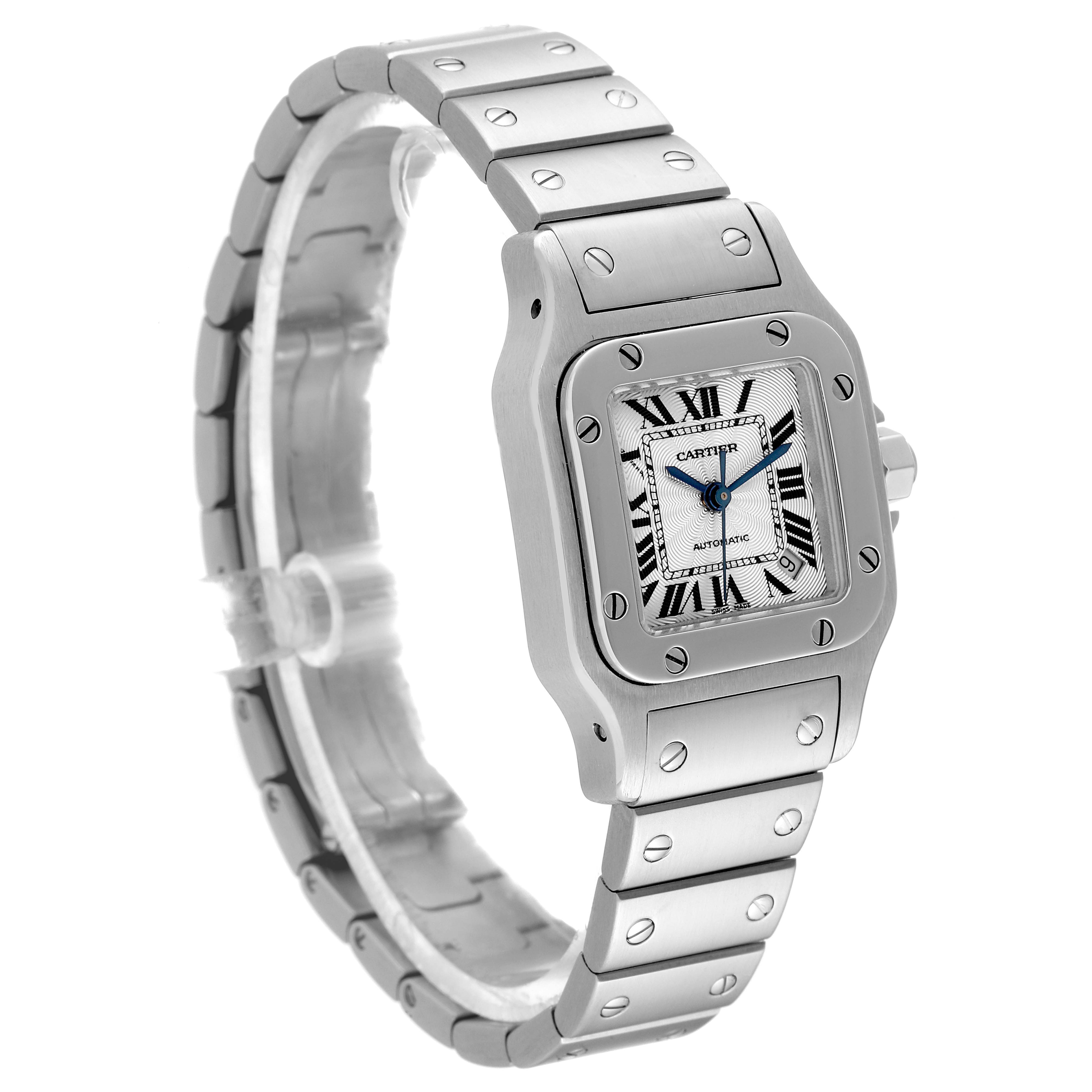 The image shows a Cartier Santos W20044D6 Women's Stainless Steel Silver Dial W20044D6 Women's Stainless Steel Silver Dial watch at a three-quarter angle, highlighting its face, bezel, and bracelet.