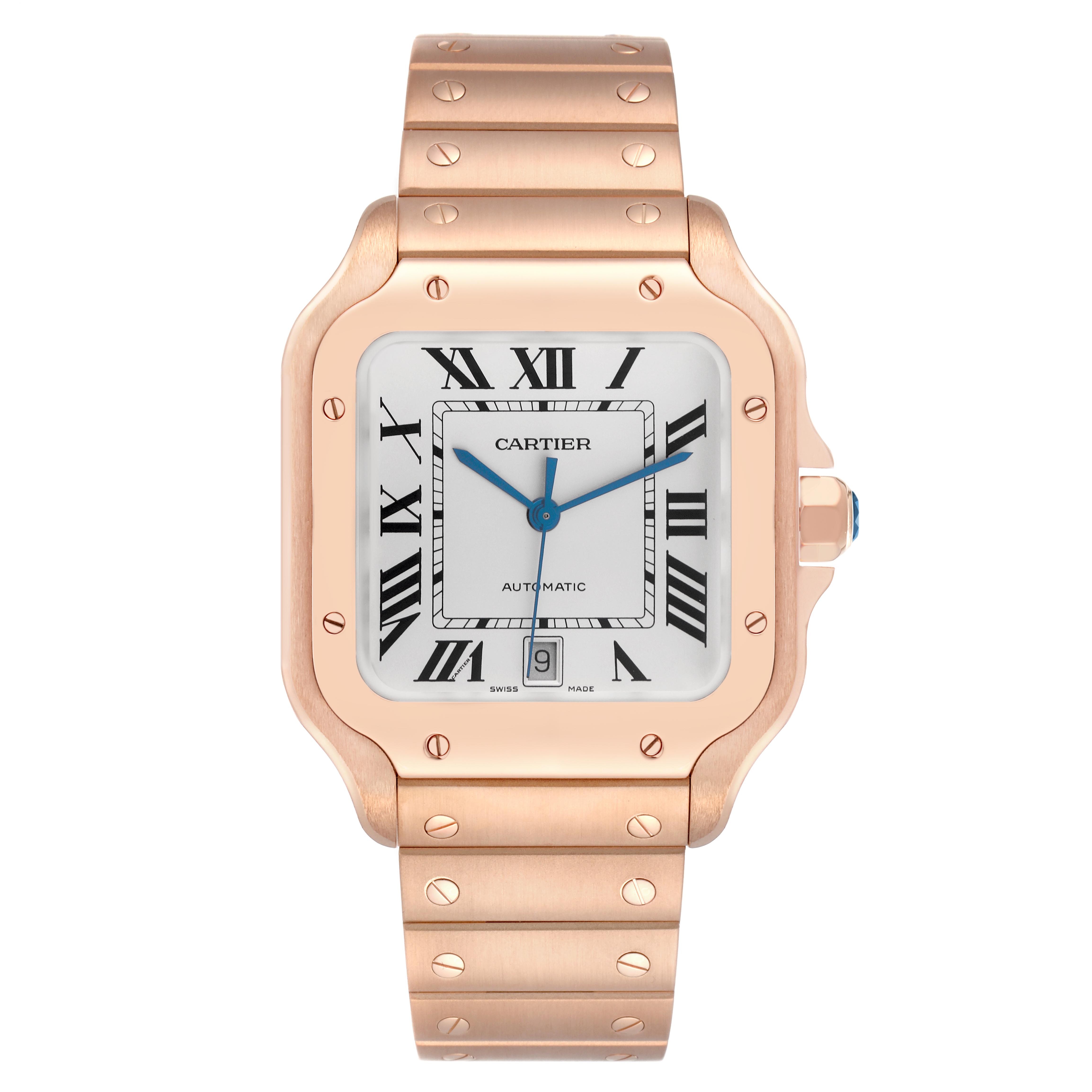 The Cartier Santos WGSA0018 Men
s Rose Gold Silver Dial WGSA0018 Men
s Rose Gold Silver Dial watch is shown from the front, displaying the dial, case, and bracelet with visible screws.