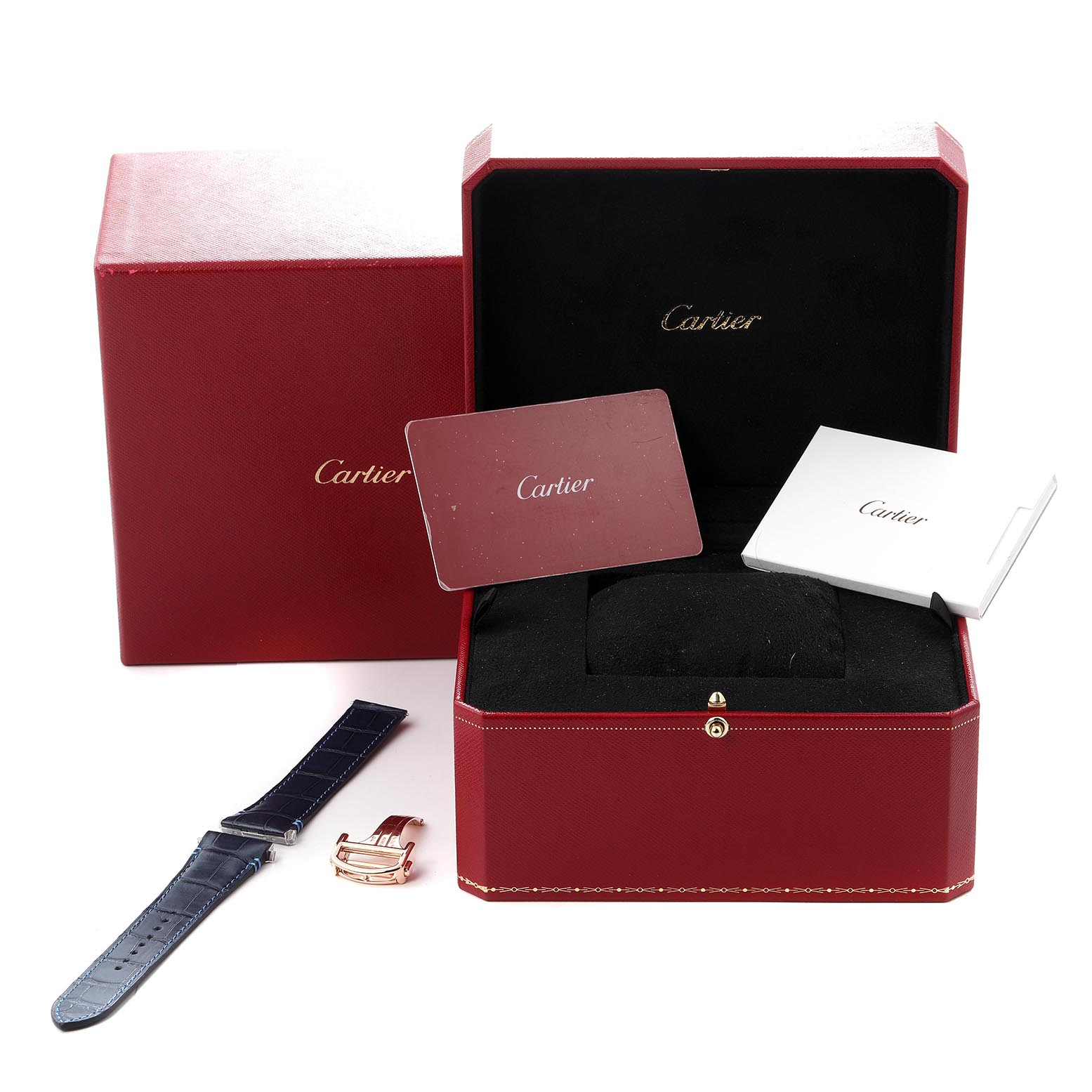 The image shows a Cartier Santos WGSA0018 Men
s Rose Gold Silver Dial WGSA0018 Men
s Rose Gold Silver Dial watch set with a red box, extra strap, bracelet clasp, and Cartier-branded documents.