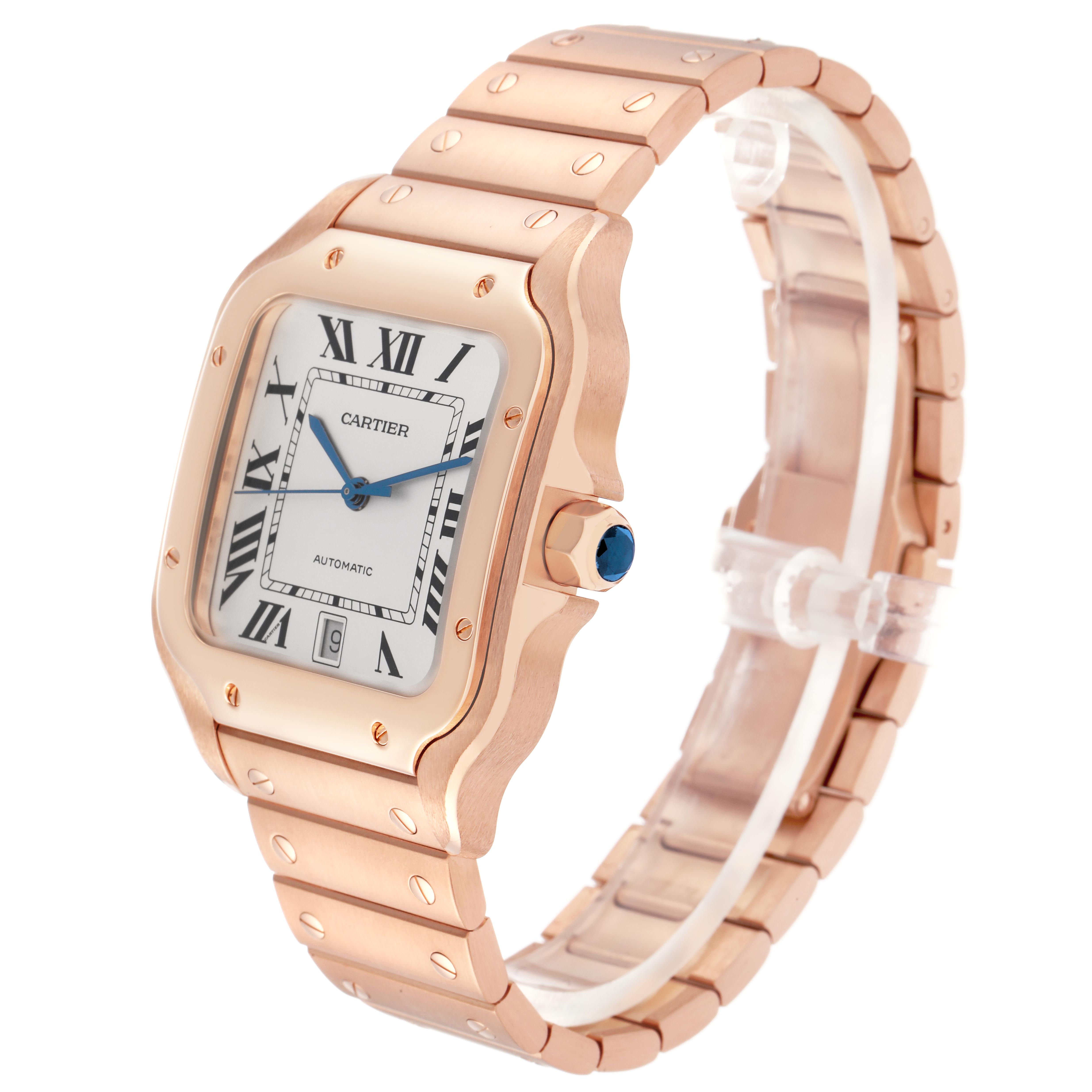 The Cartier Santos WGSA0018 Men
s Rose Gold Silver Dial WGSA0018 Men
s Rose Gold Silver Dial watch is shown at a three-quarter angle, highlighting the face, crown, and part of the bracelet.