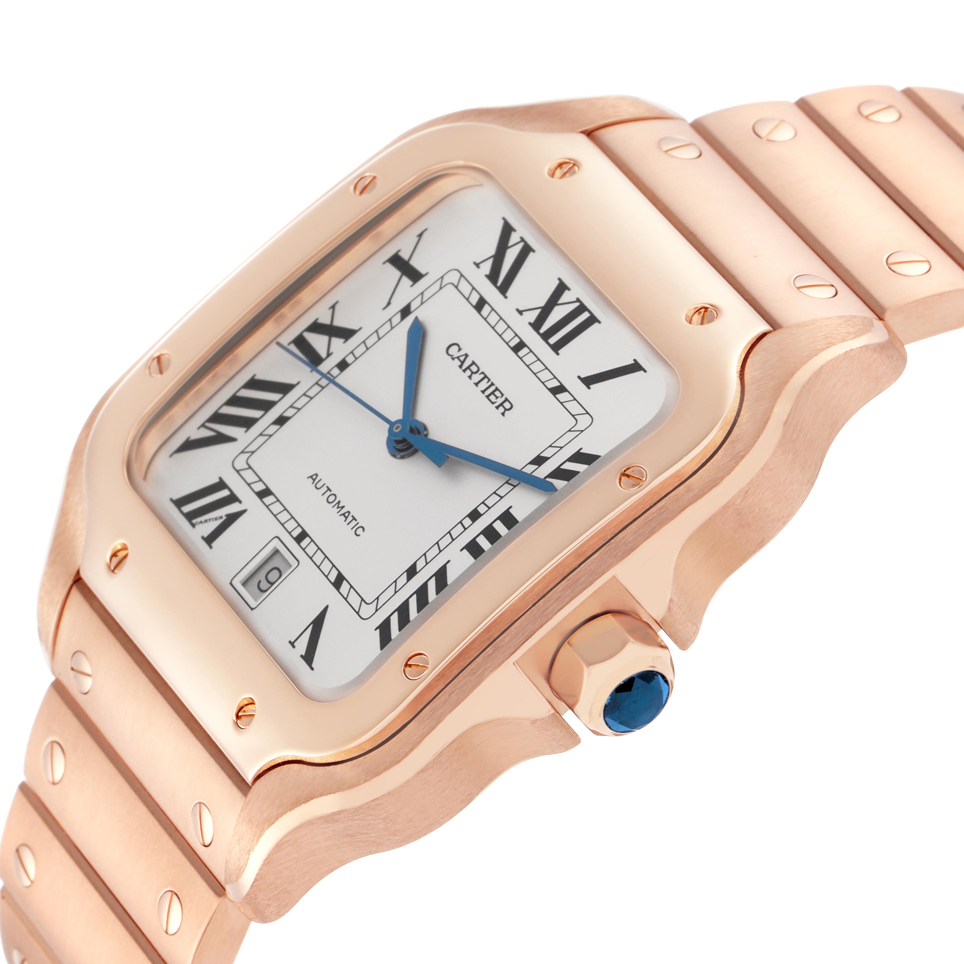 The Cartier Santos WGSA0018 Men
s Rose Gold Silver Dial WGSA0018 Men
s Rose Gold Silver Dial watch is shown at an angled view, highlighting the face, bezel, crown, and part of the bracelet.