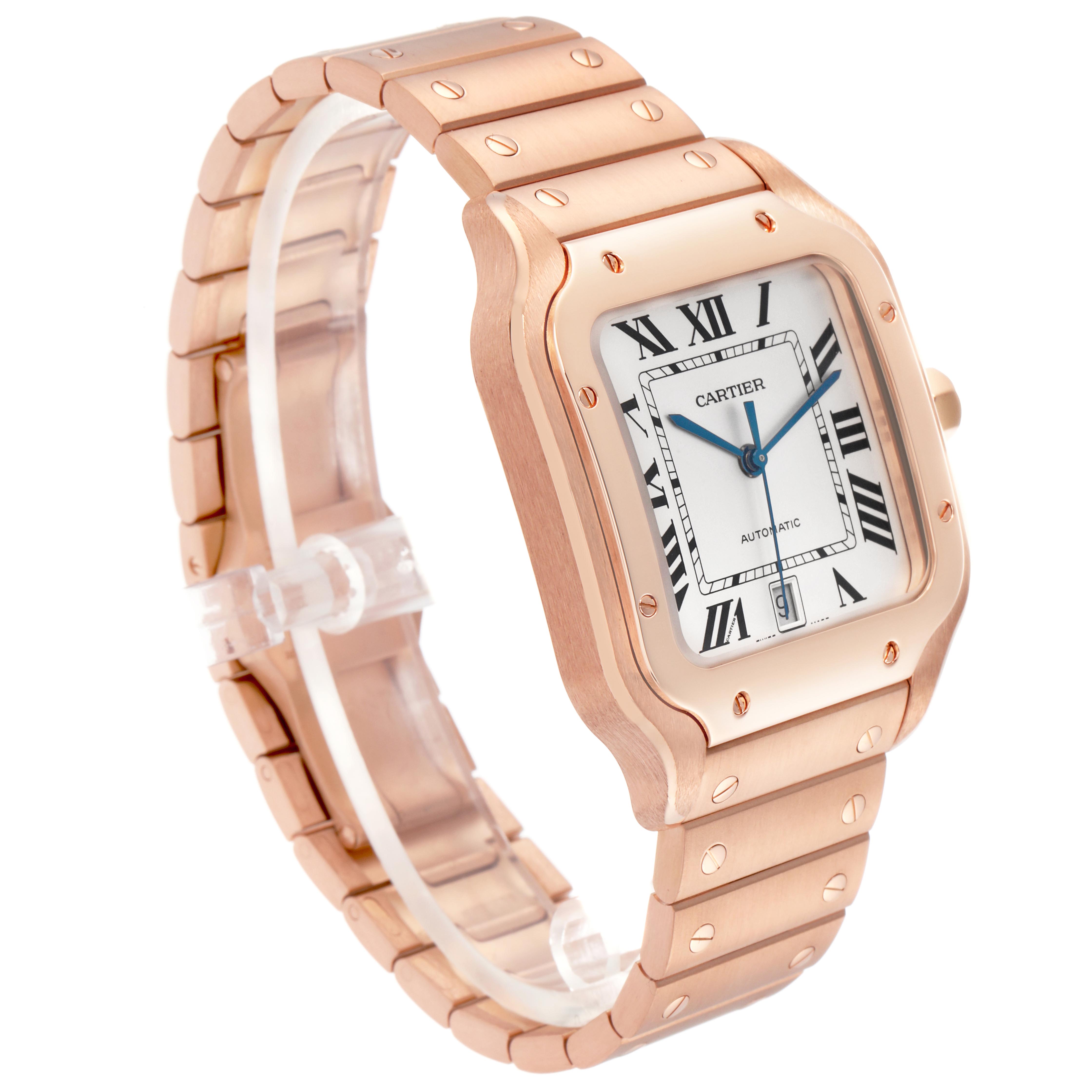 The Cartier Santos WGSA0018 Men
s Rose Gold Silver Dial WGSA0018 Men
s Rose Gold Silver Dial watch is shown at a three-quarter angle, displaying the face, bezel, crown, and bracelet details.