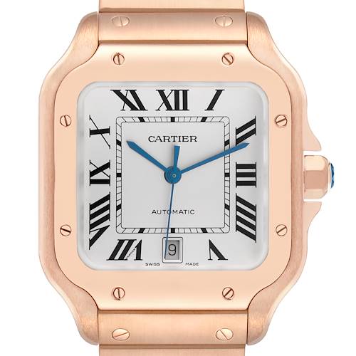 The Cartier Santos watch is shown from a front angle, highlighting its face, crown, and part of the bracelet.