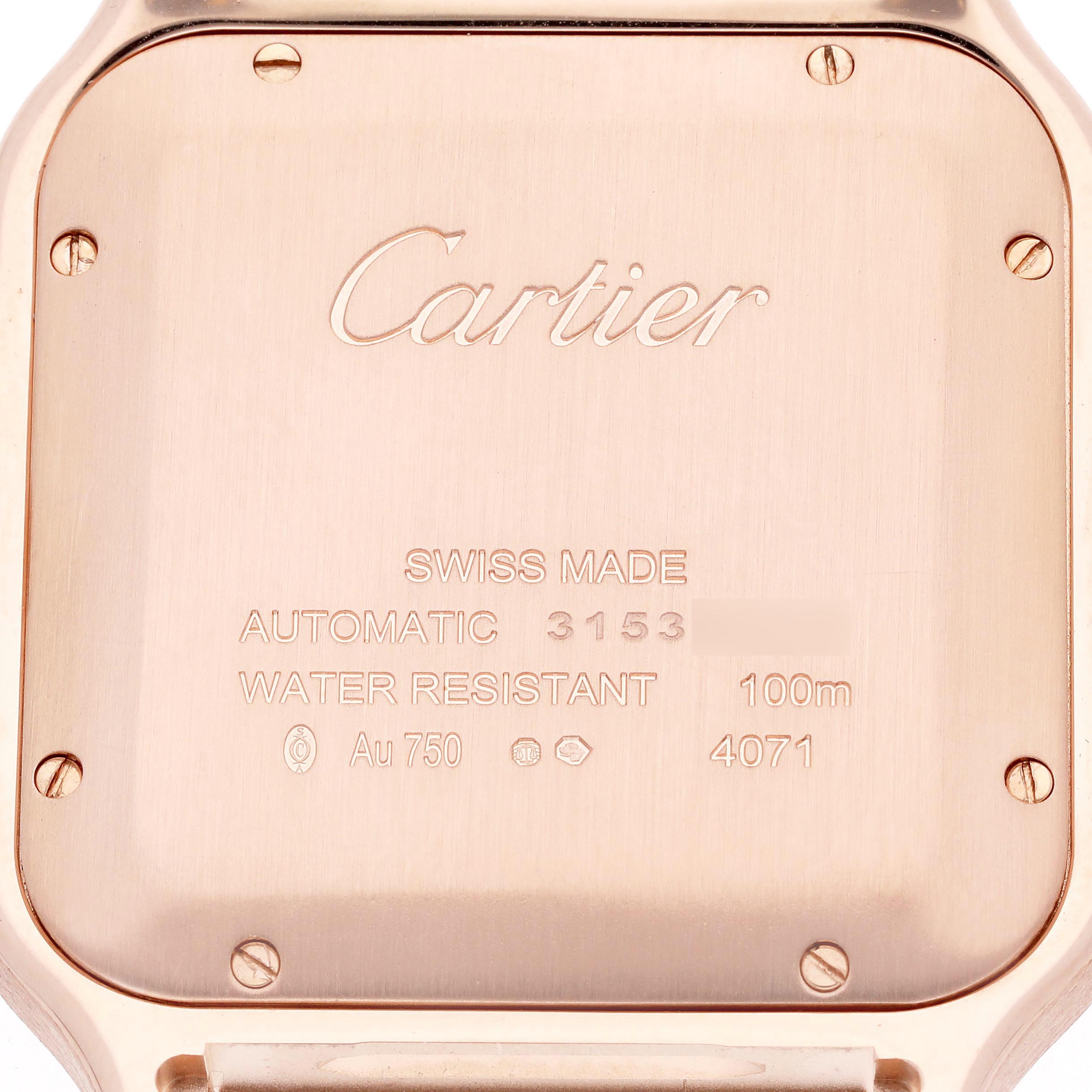 The image shows the case back of a Cartier Santos WGSA0018 Men
s Rose Gold Silver Dial WGSA0018 Men
s Rose Gold Silver Dial watch, featuring engravings and screws.