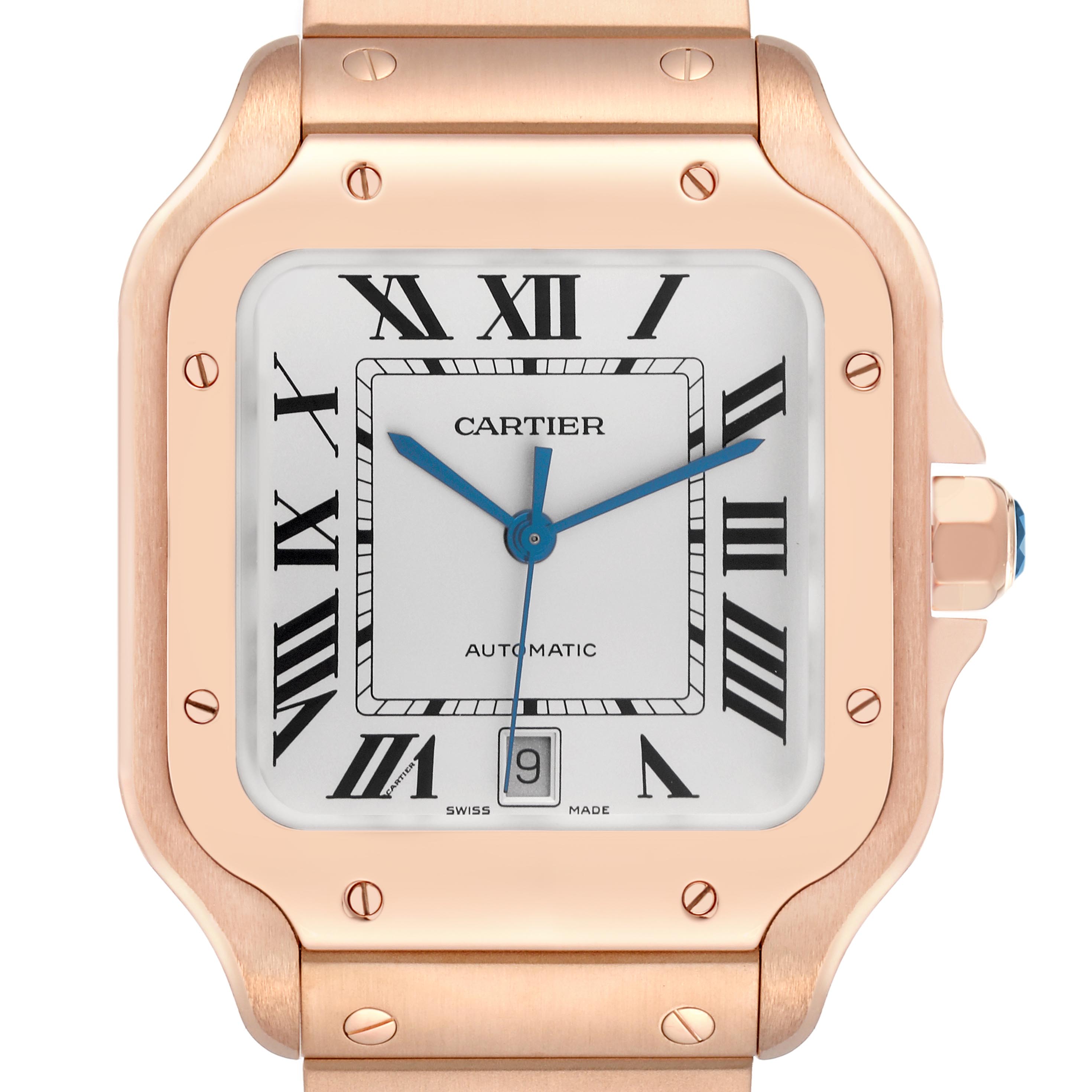 The Cartier Santos WGSA0018 Men
s Rose Gold Silver Dial WGSA0018 Men
s Rose Gold Silver Dial watch is shown from the front, highlighting the case, dial with Roman numerals, and blue hands.