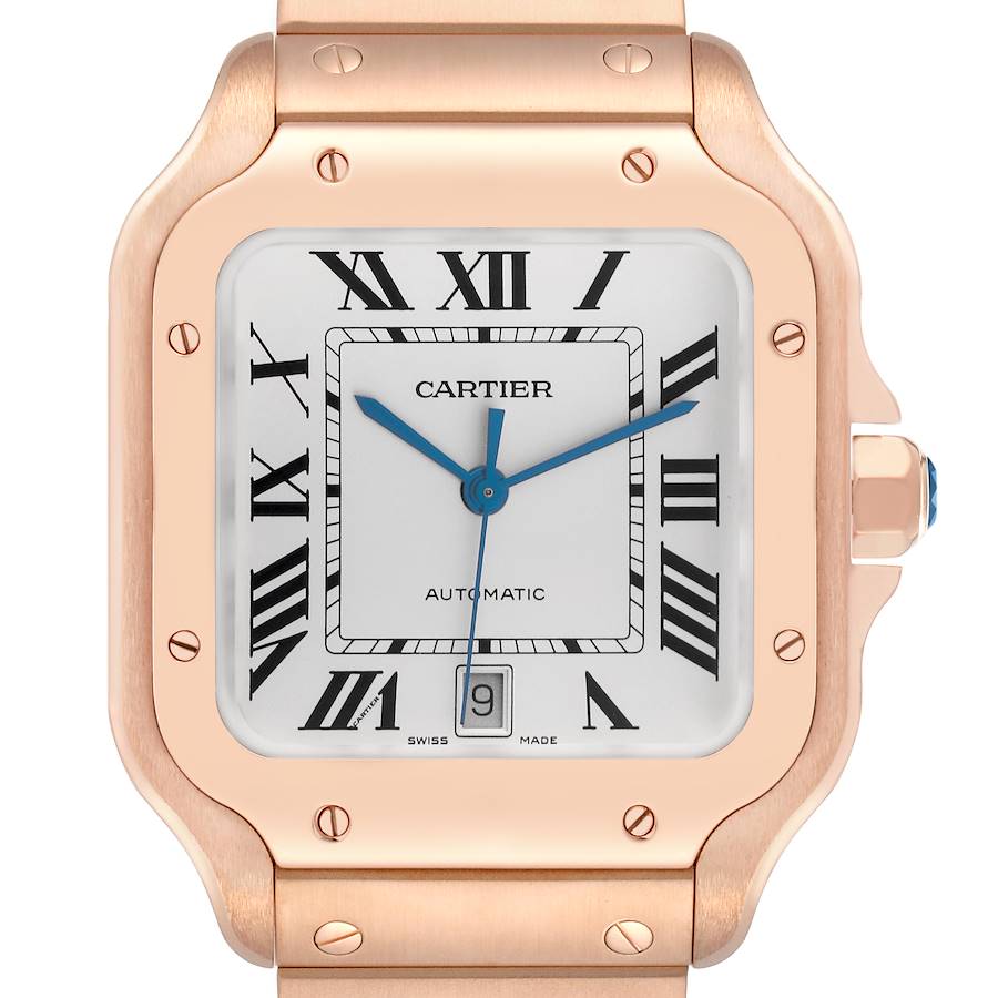The Cartier Santos watch is shown from the front, highlighting the case, dial with Roman numerals, and blue hands.