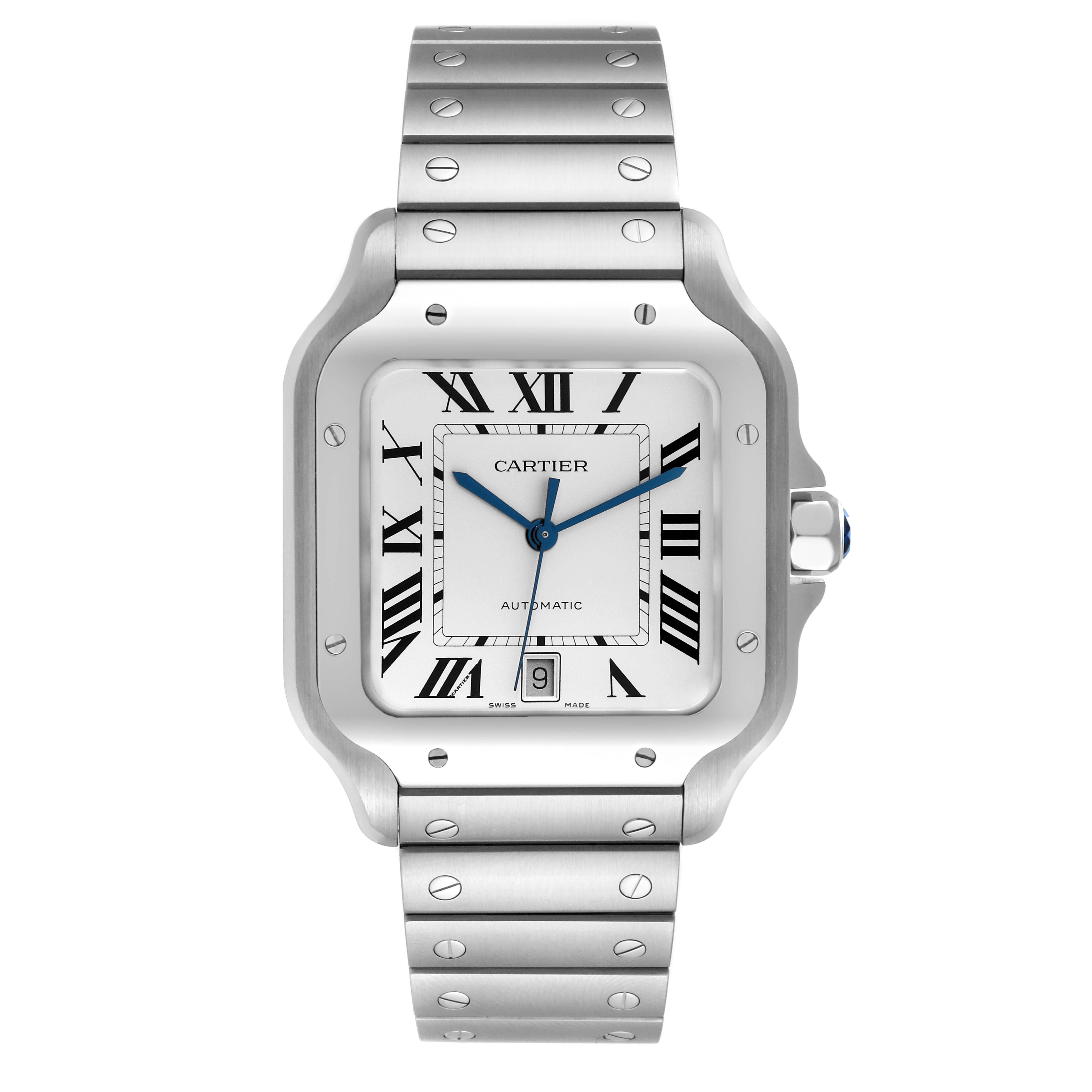 This image shows a front view of a Cartier Santos WSSA0018 Men
s Stainless Steel Silver Dial WSSA0018 Men
s Stainless Steel Silver Dial model watch featuring a square face, Roman numerals, and a metal strap.