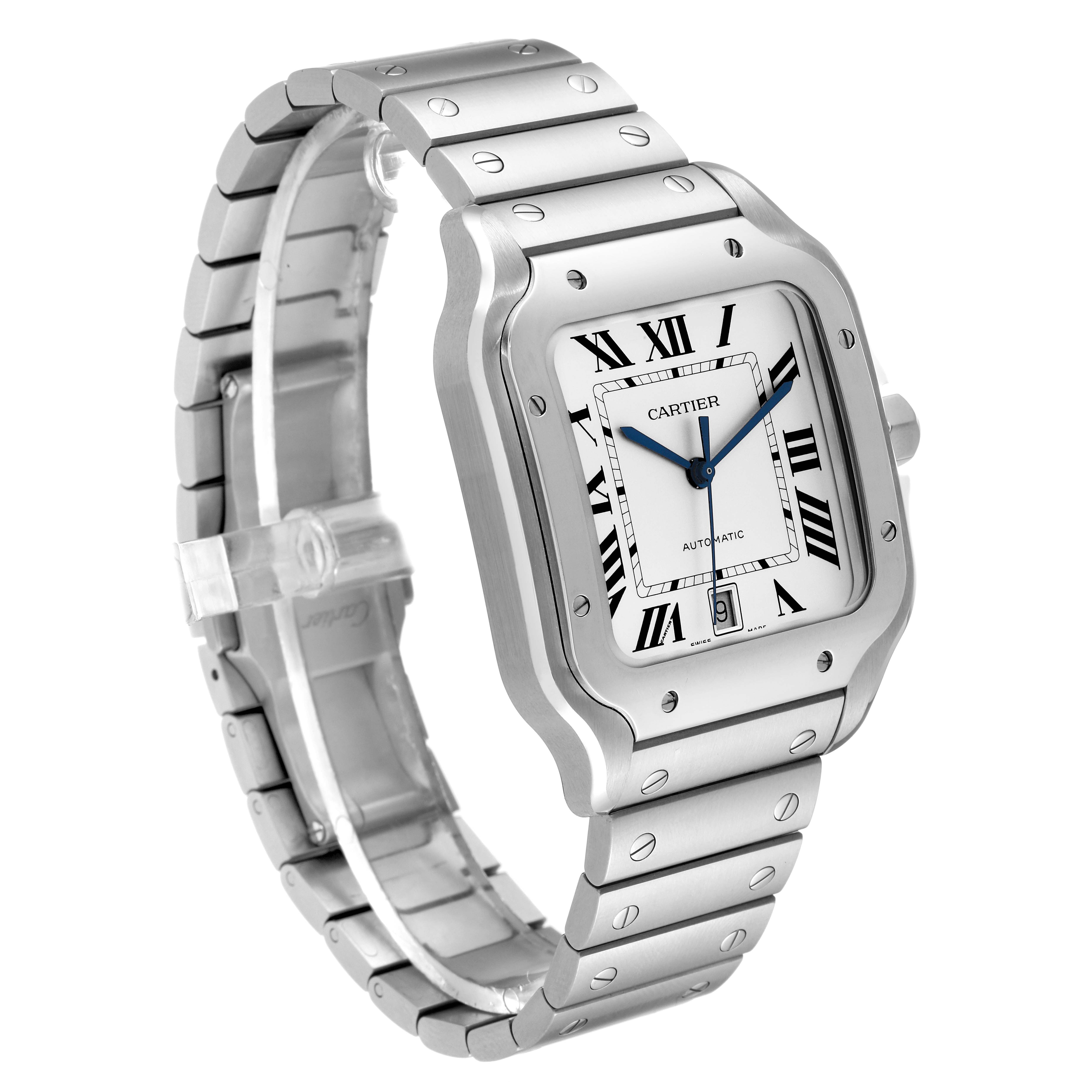 This image shows a side angle of the Cartier Santos WSSA0018 Men
s Stainless Steel Silver Dial WSSA0018 Men
s Stainless Steel Silver Dial watch, highlighting its square face, stainless steel bracelet, and Roman numeral dial.