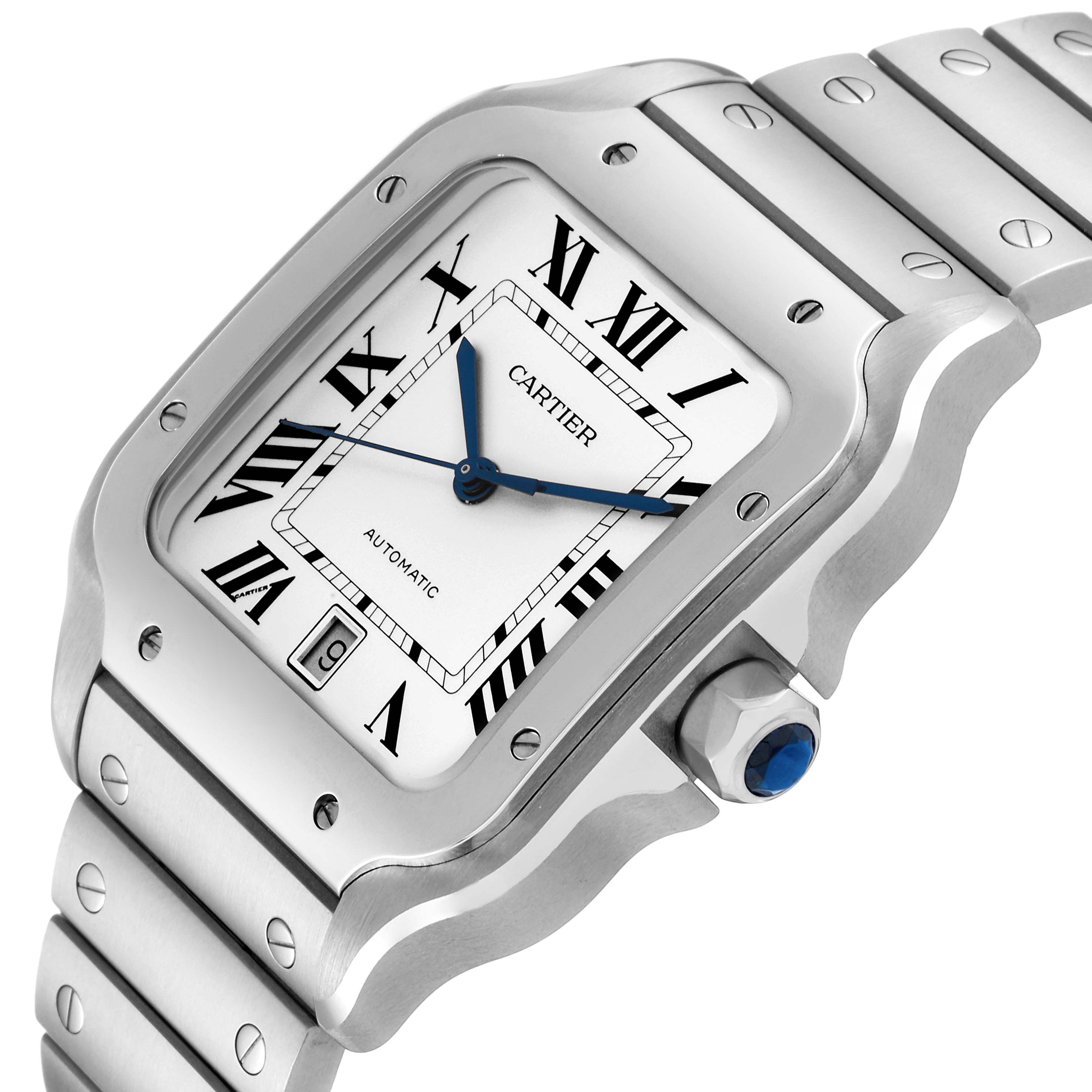 This image shows a close-up angle of the Cartier Santos WSSA0018 Men
s Stainless Steel Silver Dial WSSA0018 Men
s Stainless Steel Silver Dial model, highlighting the dial, bezel, and bracelet.