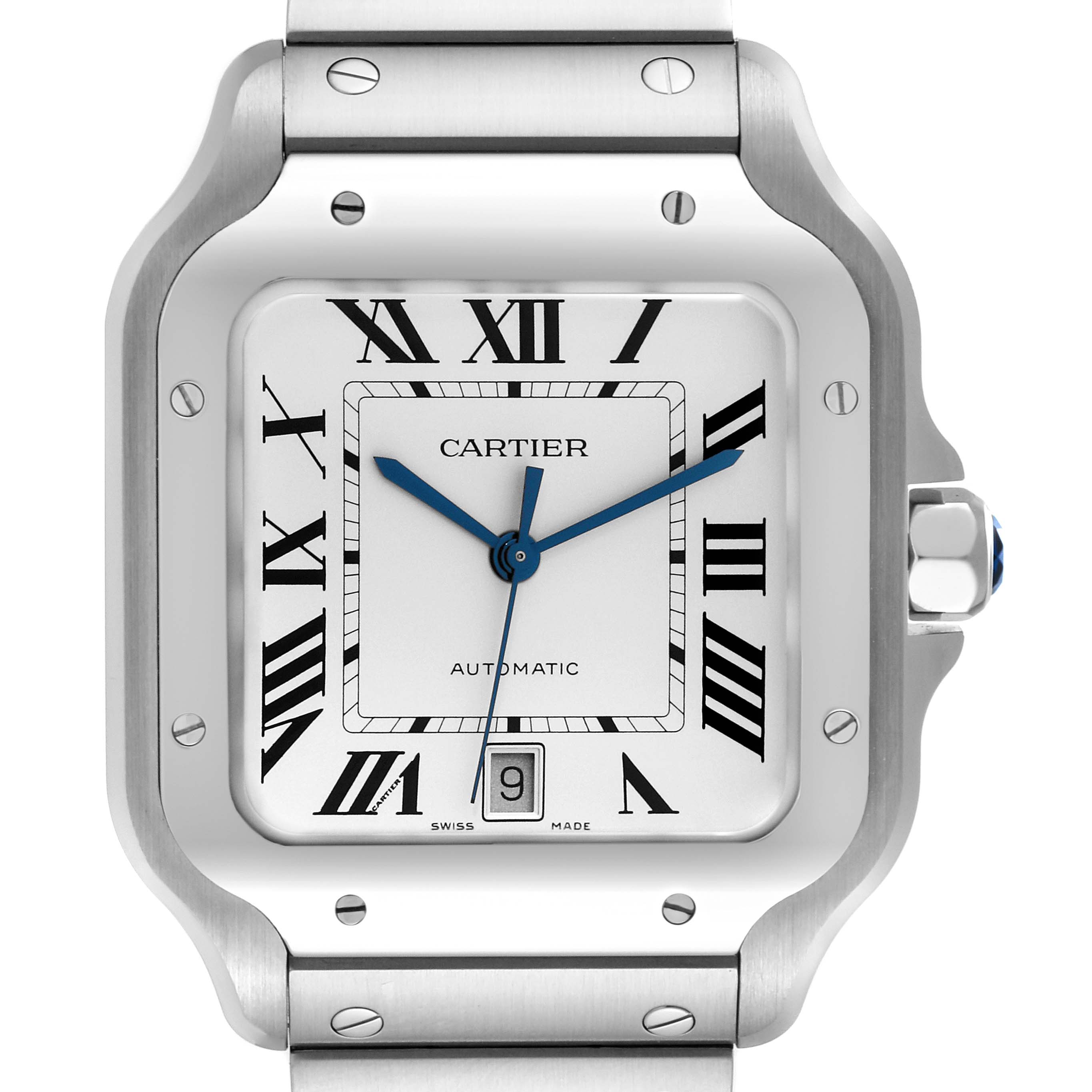The image shows a front view of a Cartier Santos WSSA0018 Men
s Stainless Steel Silver Dial WSSA0018 Men
s Stainless Steel Silver Dial watch, highlighting its dial, bezel, and part of the bracelet.