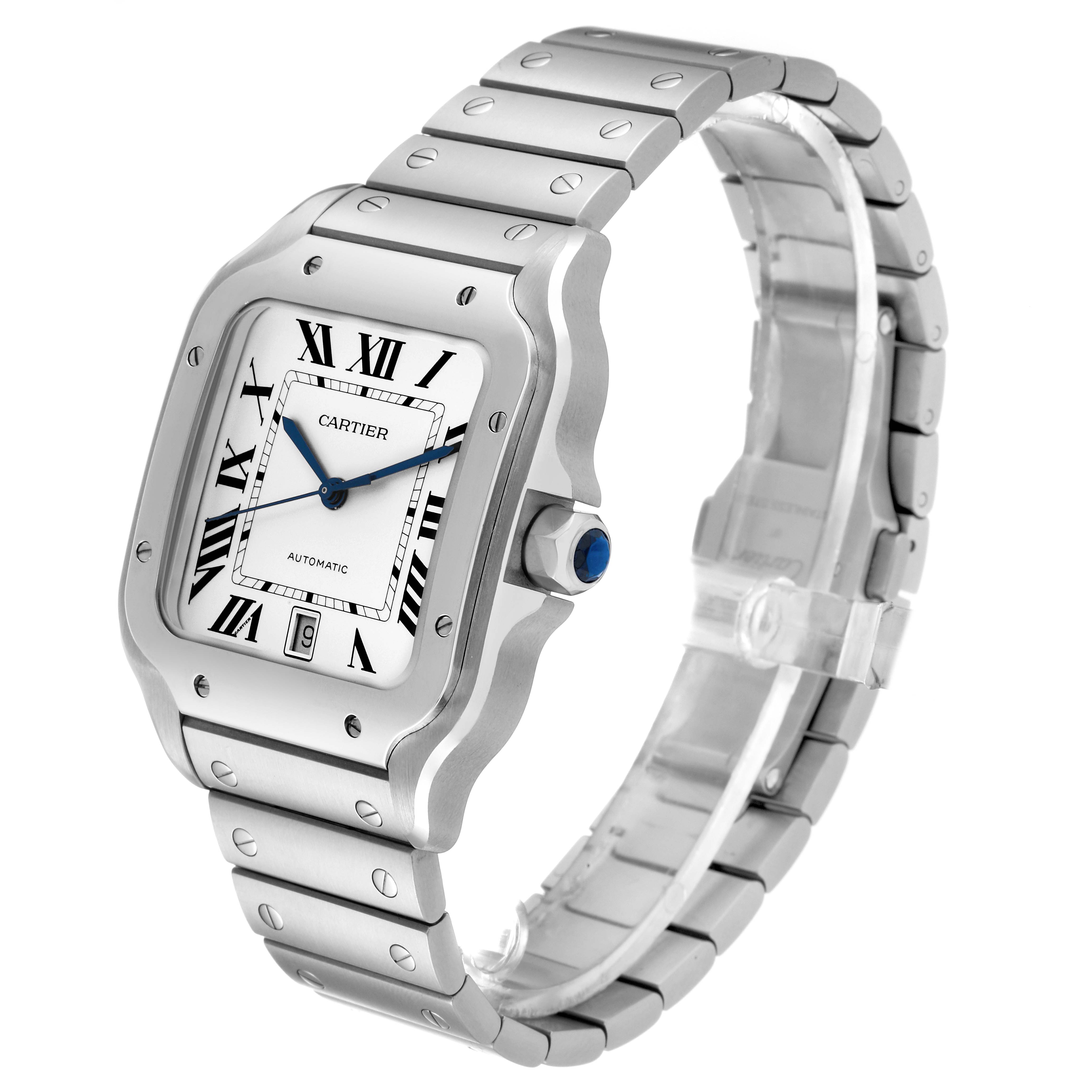 The image shows a Cartier Santos WSSA0018 Men
s Stainless Steel Silver Dial WSSA0018 Men
s Stainless Steel Silver Dial watch at a slight angle, highlighting the face, bezel, crown, and metal bracelet.