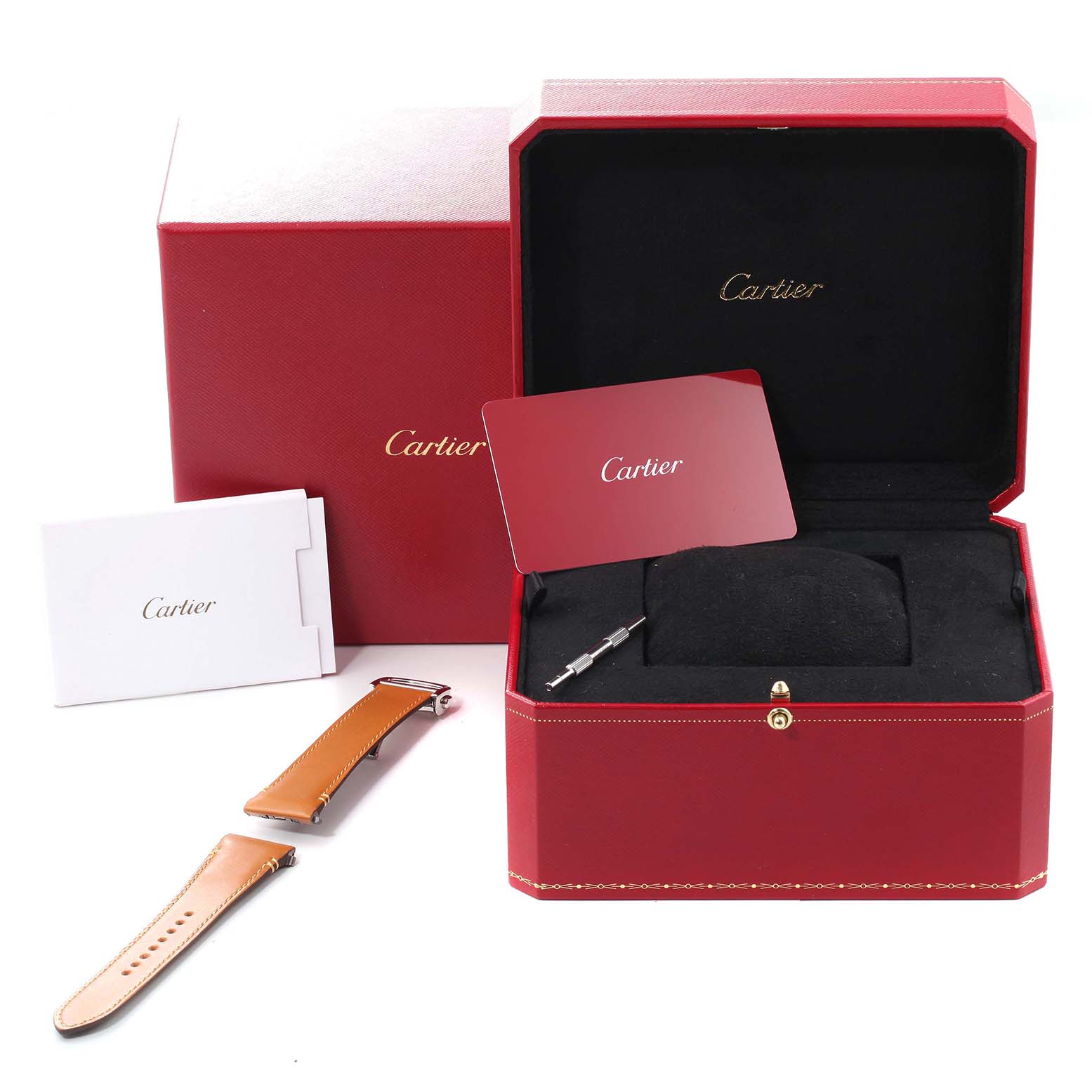 The image shows a red Cartier box for the Santos model with additional leather straps, a tool, and documentation.