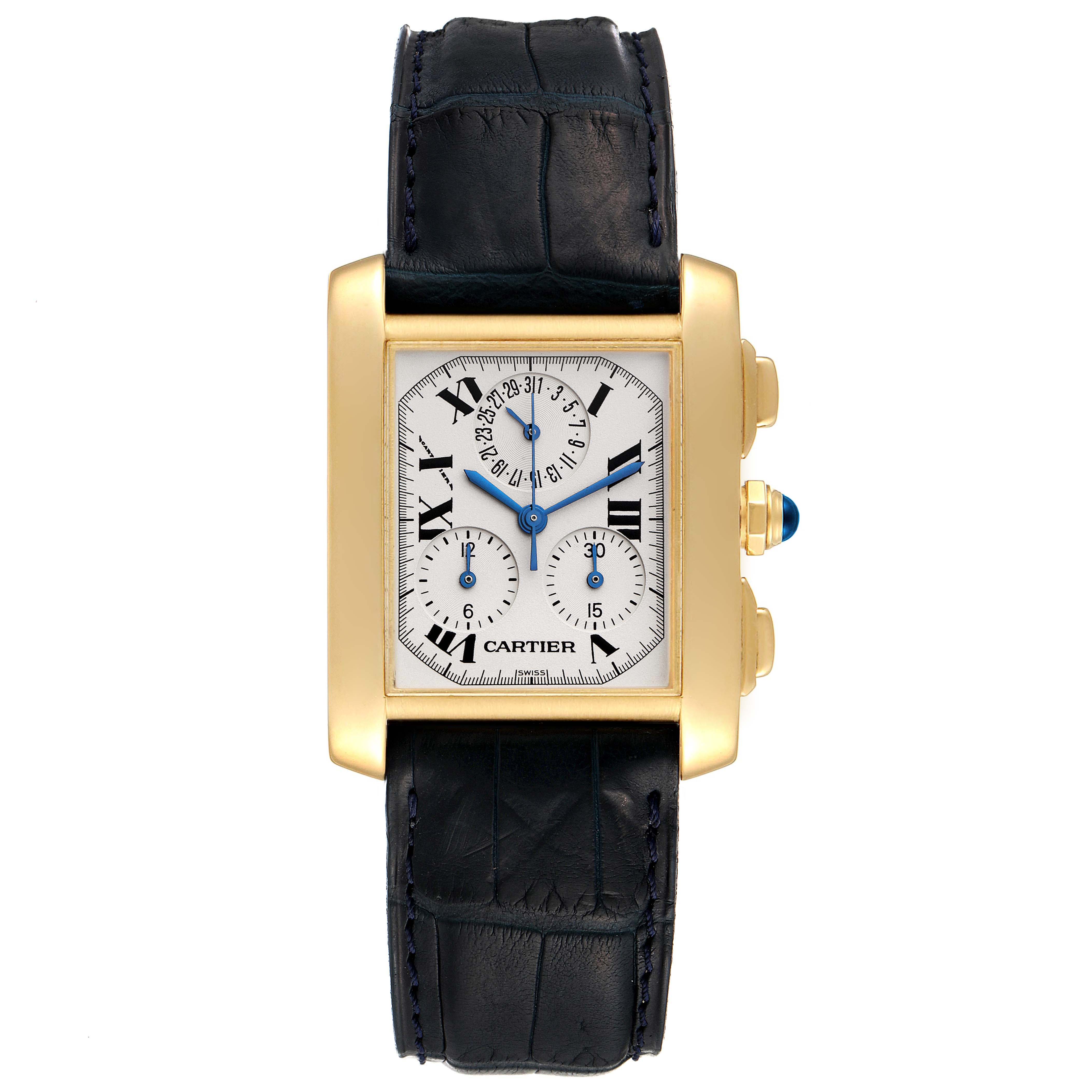 This Cartier Tank Francaise W5000556 Men's Yellow Gold Silver Dial W5000556 Men's Yellow Gold Silver Dial watch is shown from a top-down angle, displaying its face, strap, and side buttons.
