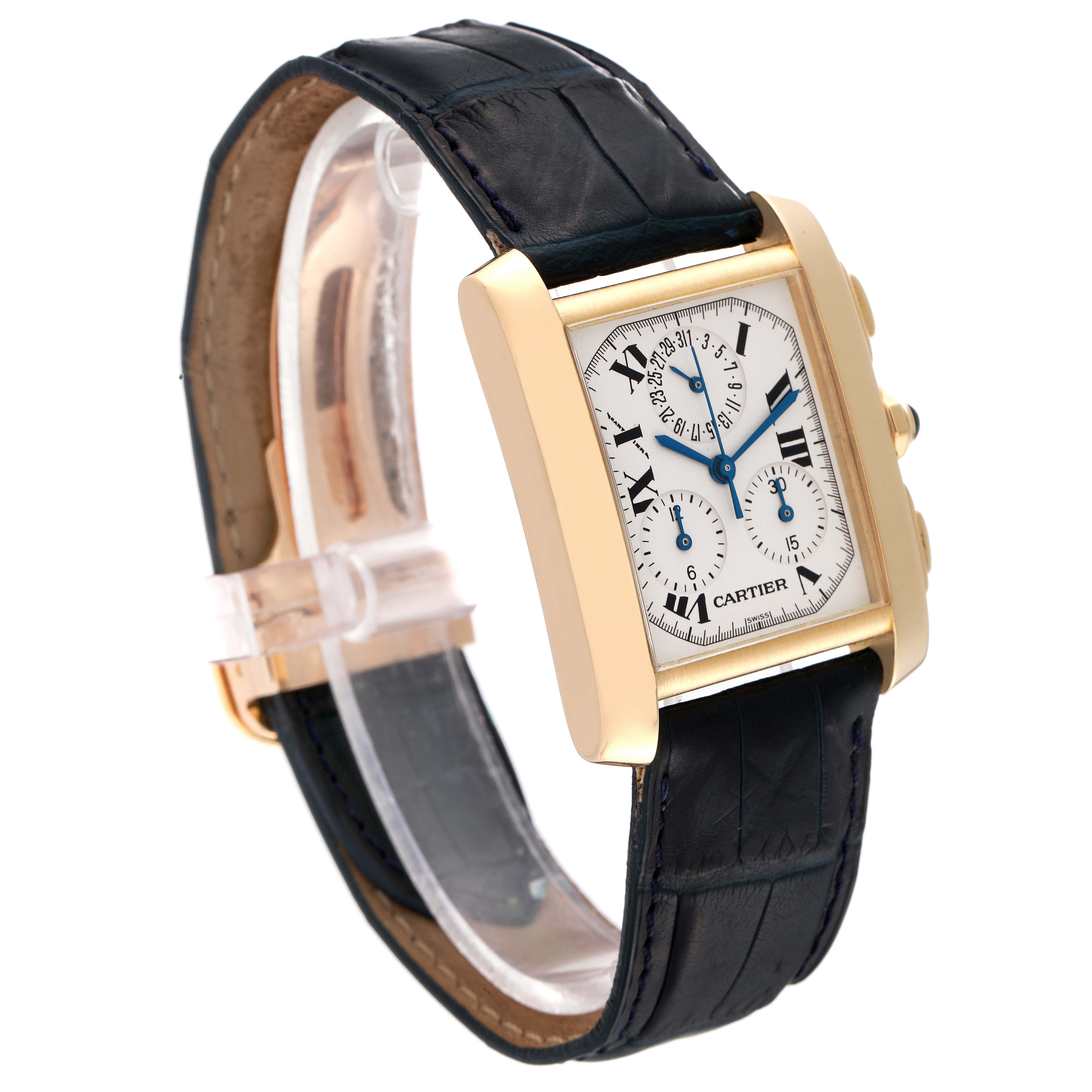 The Cartier Tank Francaise W5000556 Men's Yellow Gold Silver Dial W5000556 Men's Yellow Gold Silver Dial watch shown is angled to display its gold case, dial with blue hands, and a black leather strap.