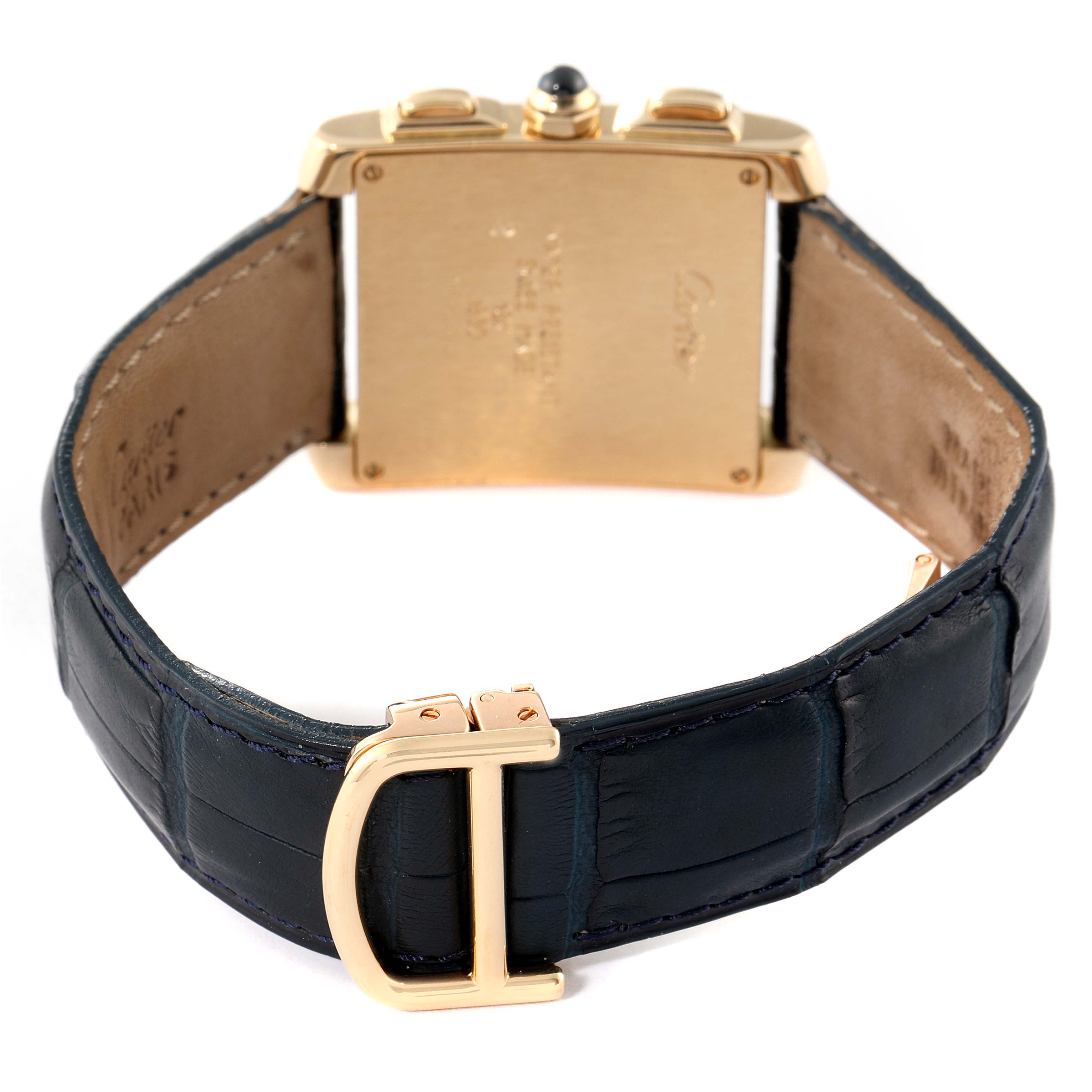 The image shows the back view of a Cartier Tank Française watch, featuring the case back, strap, and clasp.