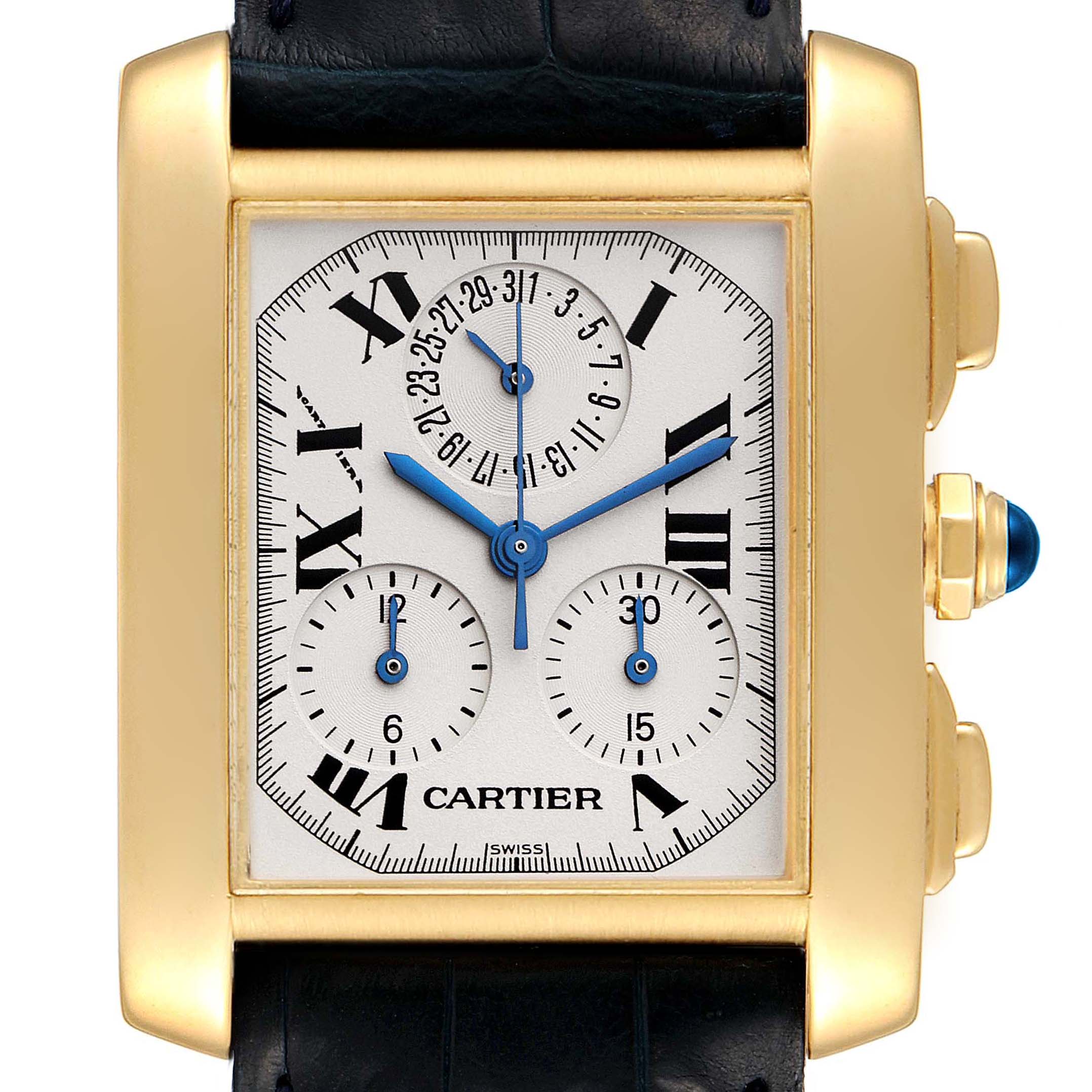 This image shows a front view of a Cartier Tank Francaise W5000556 Men's Yellow Gold Silver Dial W5000556 Men's Yellow Gold Silver Dial watch, highlighting the dial and side buttons.