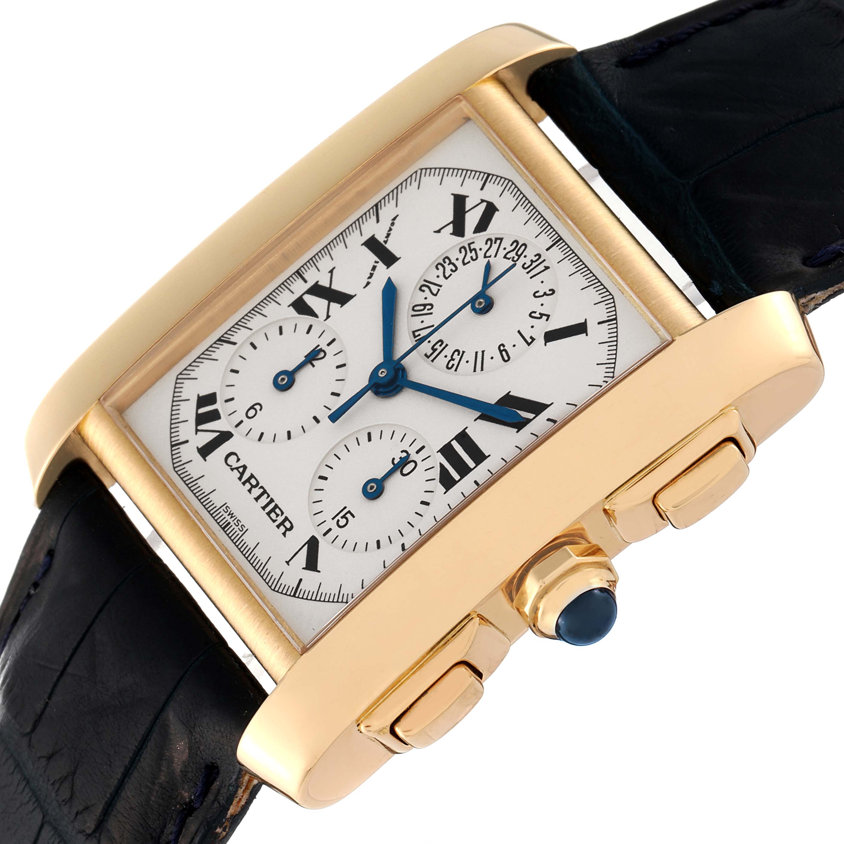 The image shows a close-up angled view of the face and side, including the crown and pushers, of a Cartier Tank Française watch.