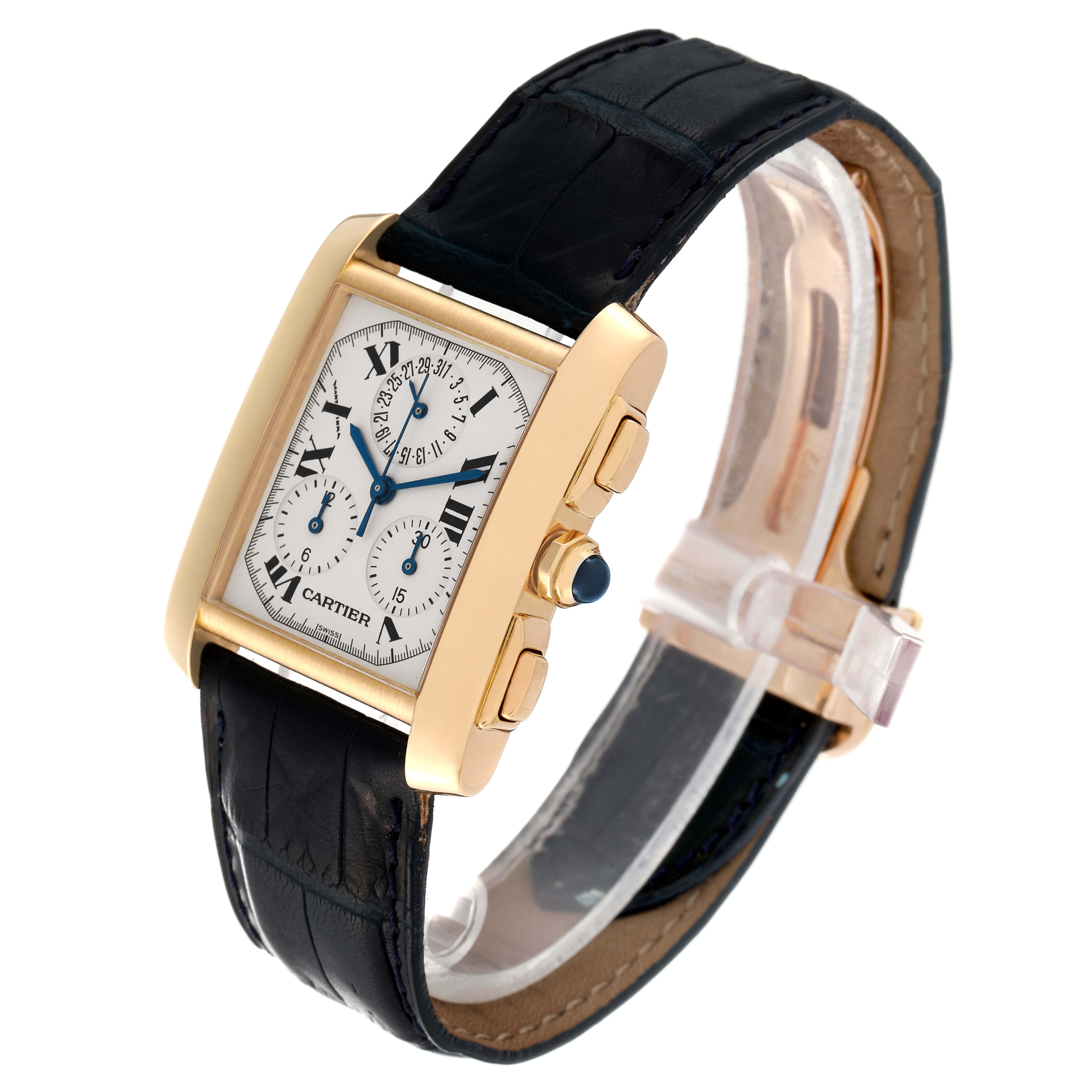 The image shows a Cartier Tank Française watch at an angled side view, highlighting the dial, case, crown, and strap.